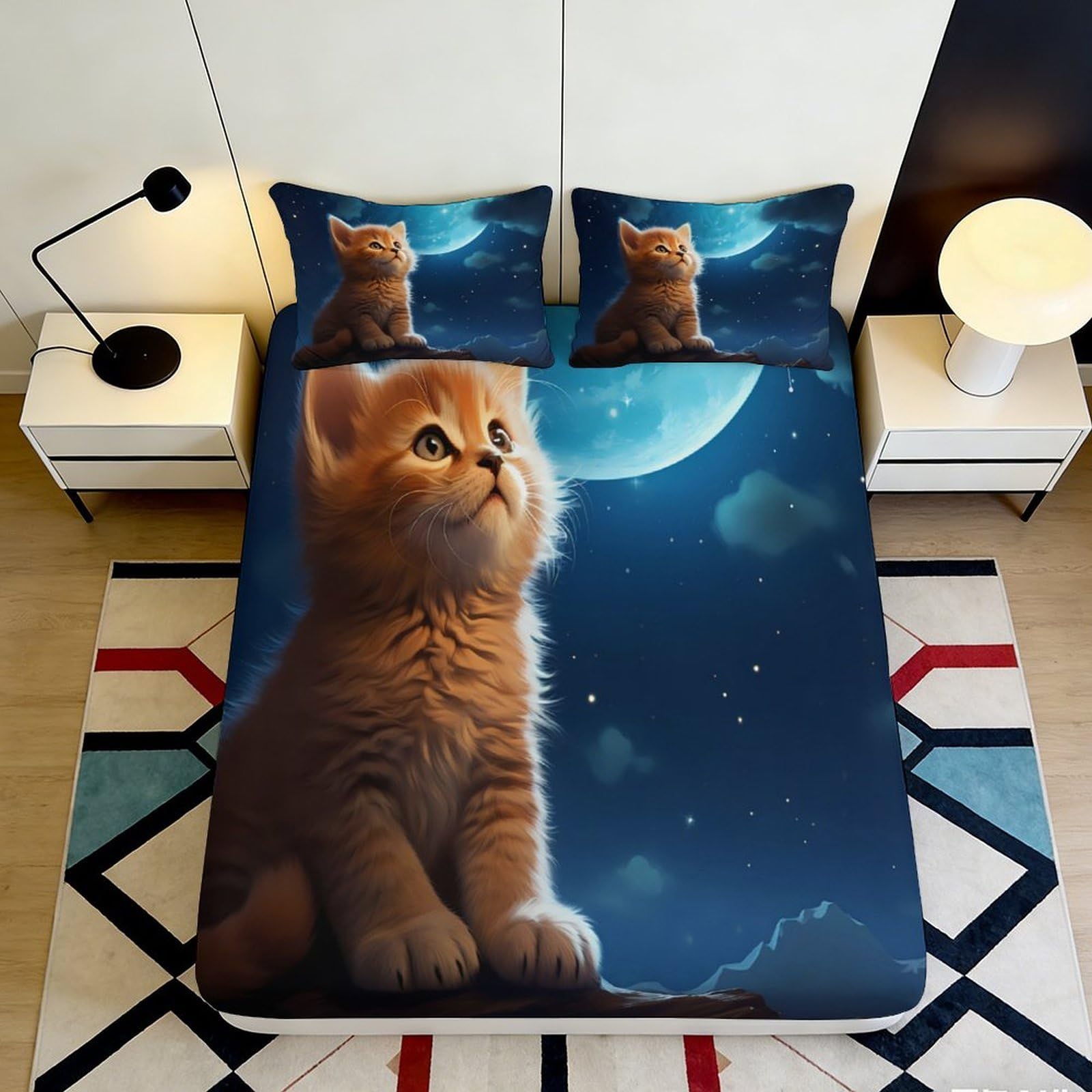 Dhbaneiok Style-3 3D Printed Moon Night Cat Fitted Sheet Microfiber Soft Breathable Starry Sky Bed Cover For Bedroom Dorm Decor 90X200x25cm