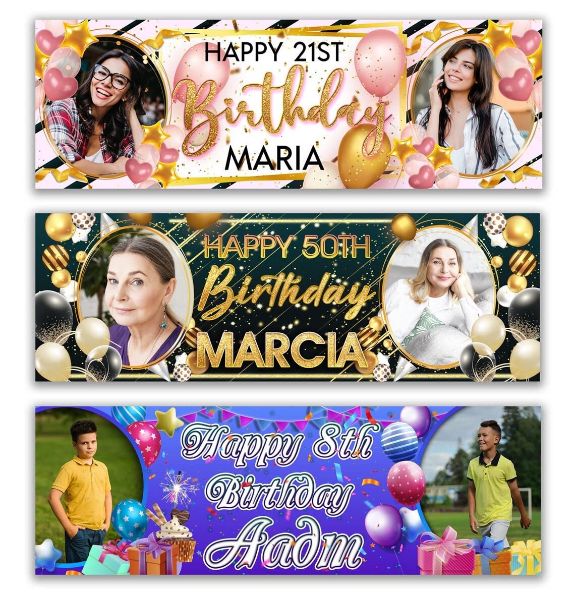 2 Personalised Birthday Banner Photo Children Balloon Star Gifts Baby Adults kid Party-1st 2nd 18th 21st 30th 40th 50th 60th birthday decoration poster