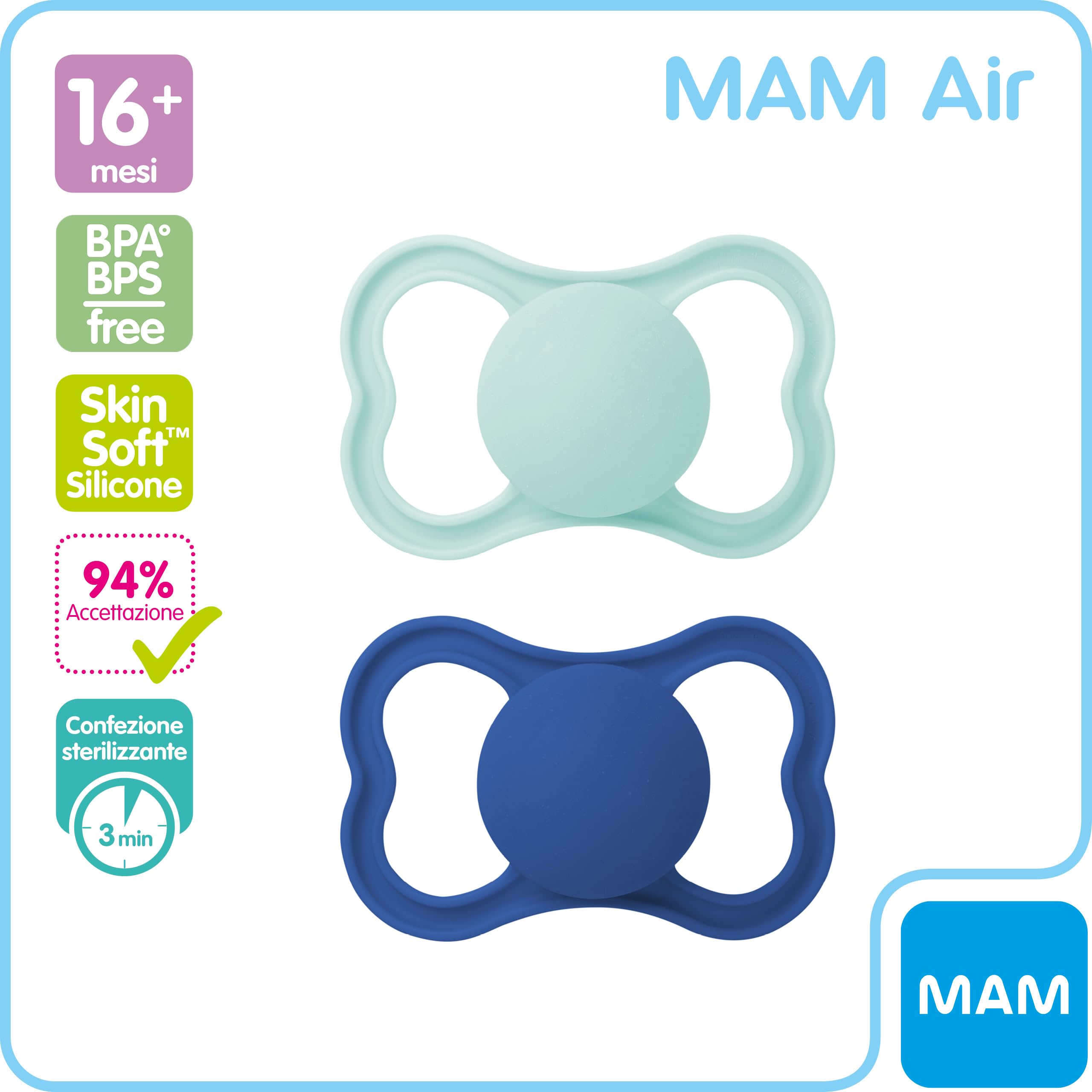 MAM Air Ciuccio in Set da 2, in Silicone Skinsoft con Custodia Porta Succhietto, 16+ Mesi, Azzurro
