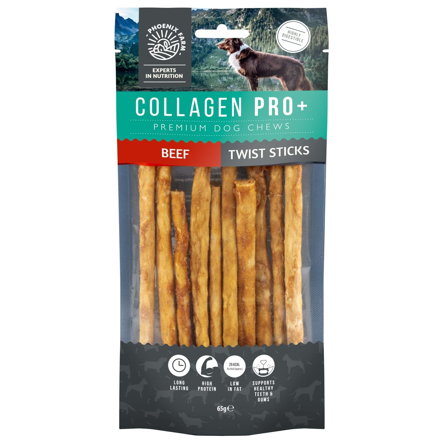 Collagen Pro+ Premium Beef Dog Chew Twist Sticks - Chewable Collagen Dog Treats for Small Dog Breeds, Promotes Healthier Joints, Skin, and Coat - 10pc, 65g