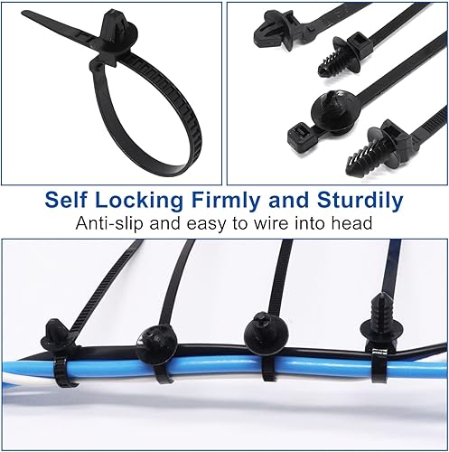 Miniatura 5 de YuGtcen 130 bridas de cremallera de varios tamaños, bridas universales de nailon para montaje a presión, bridas negras con autobloqueo, bridas