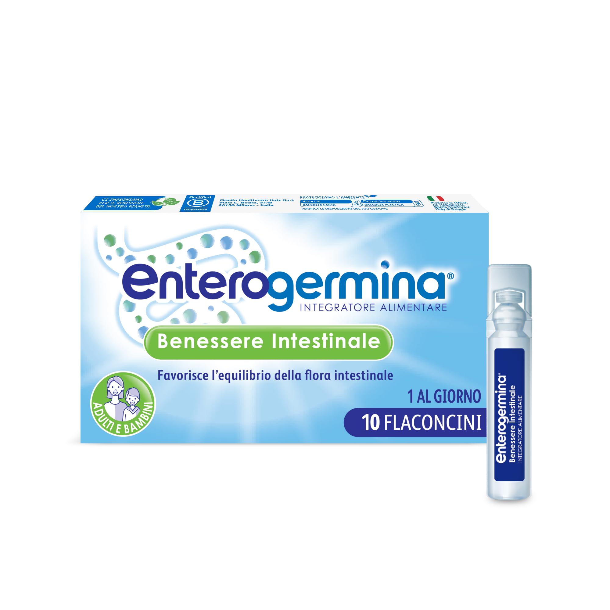 Enterogermina Intestinal Wellbeing, Probiotic Lactic Ferments, Adult and Child Supplements 3+ Promotes the Balance of Intestinal Bacterial Flora, Gluten Free (10 Bottles/5 ml)