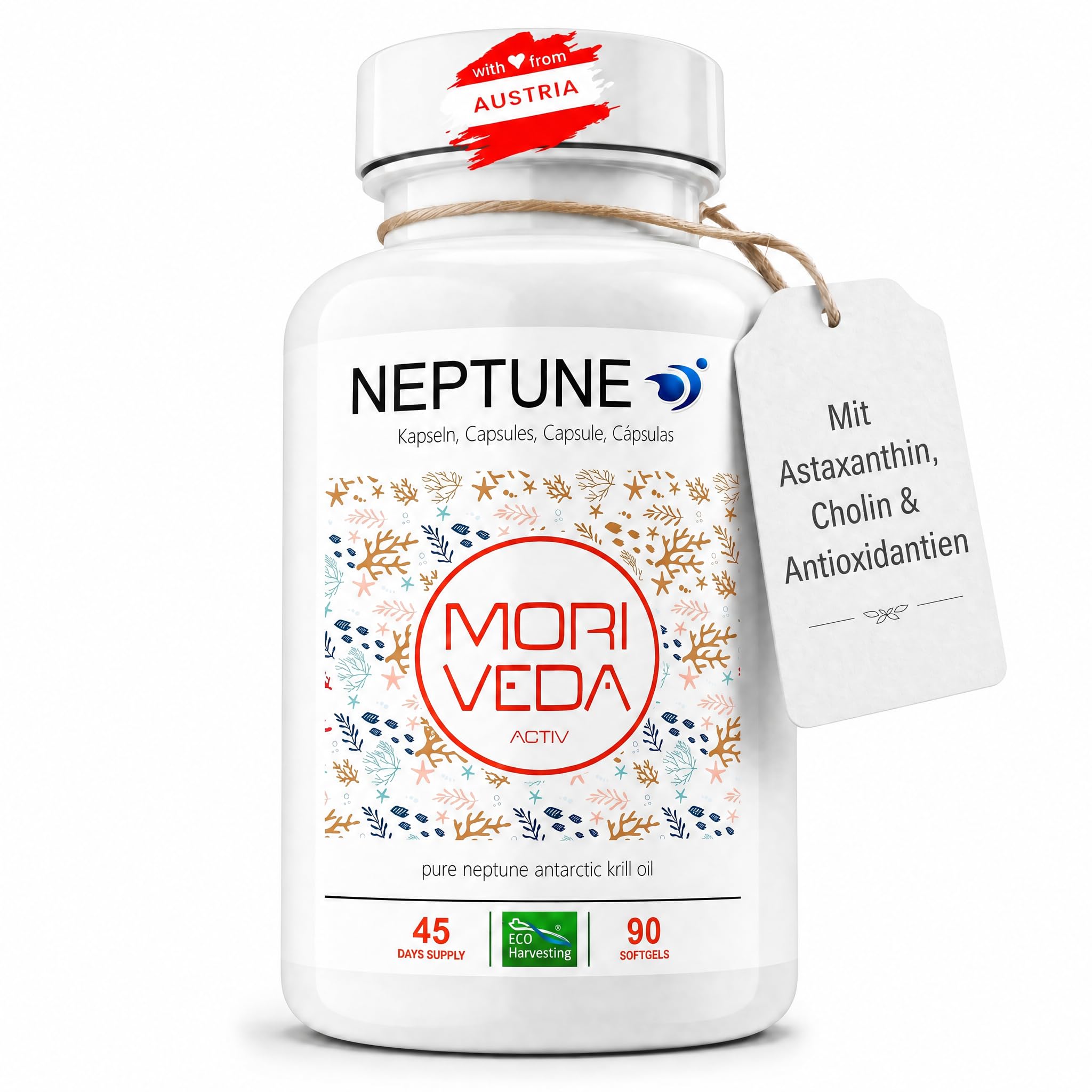 MoriVeda Neptune Capsules d'huile de krill, oméga 3-6-9 EPA DHA antioxydants, vitamine E, choline, phospholipides, haute biodisponibilité, 90 pièces