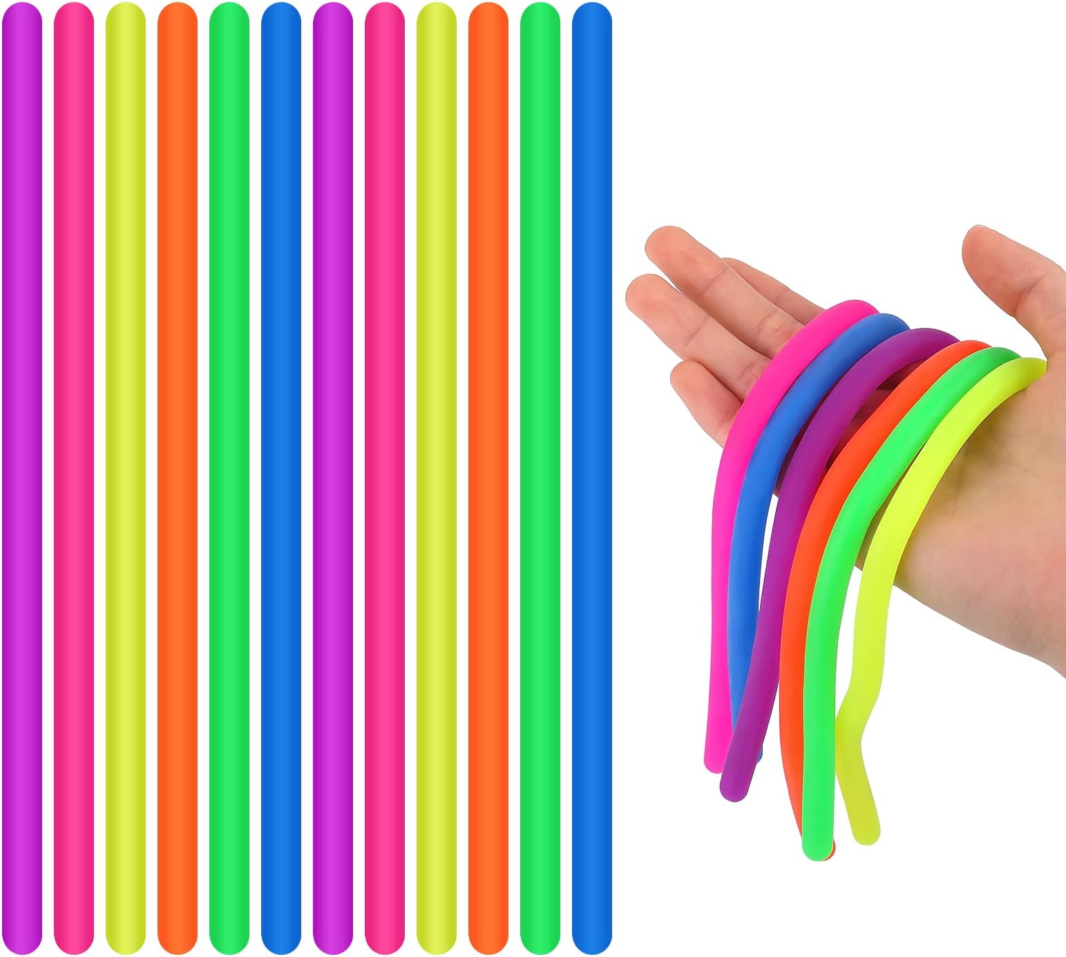 Monkey Fidget Strings - 12pc Stretchy Noodles, Stress Reliever Toys for Kids & Adults, 9 Inch, 6 colors