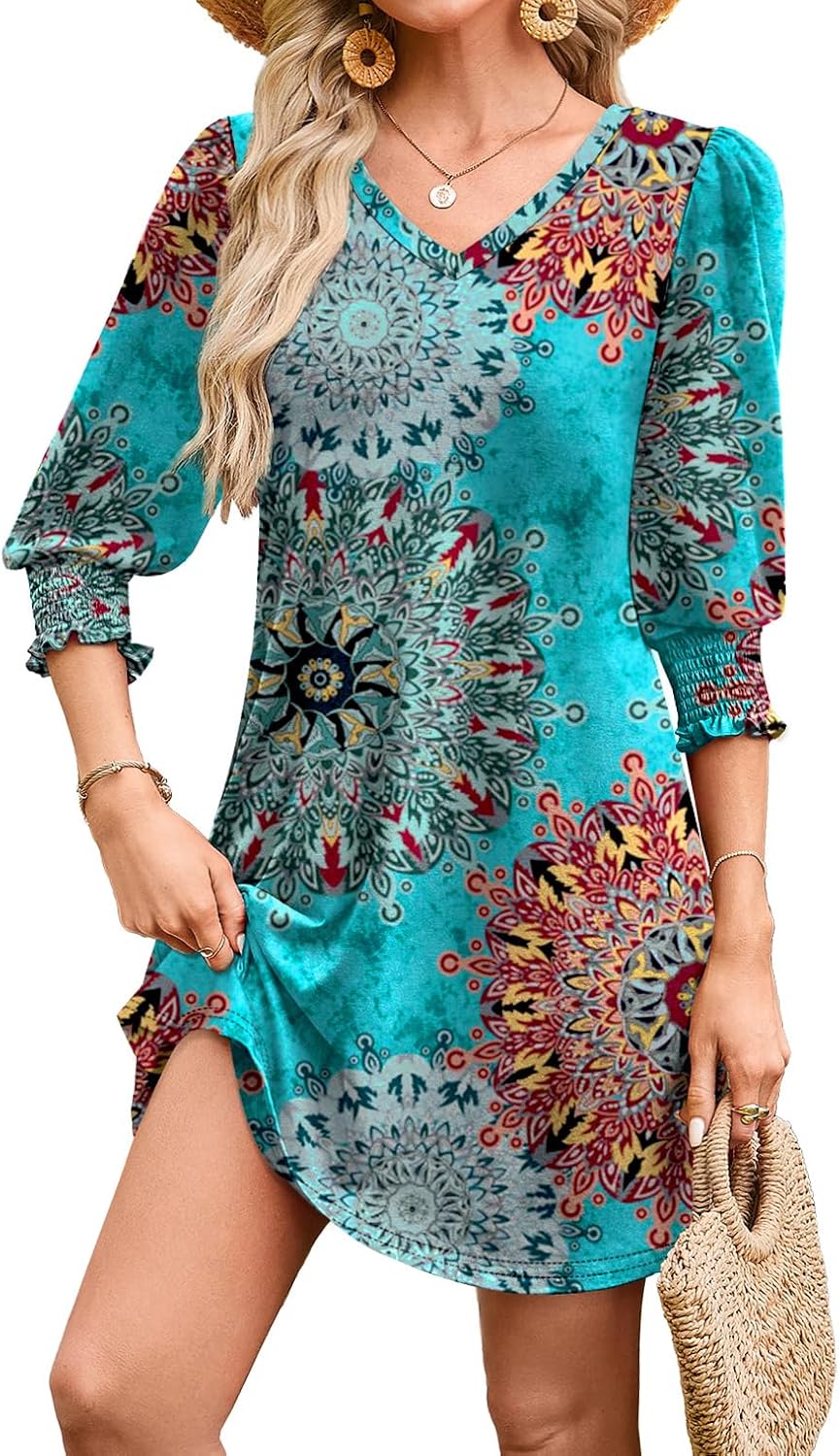 Summer puff sleeve casual dress with pockets for beach vacation.