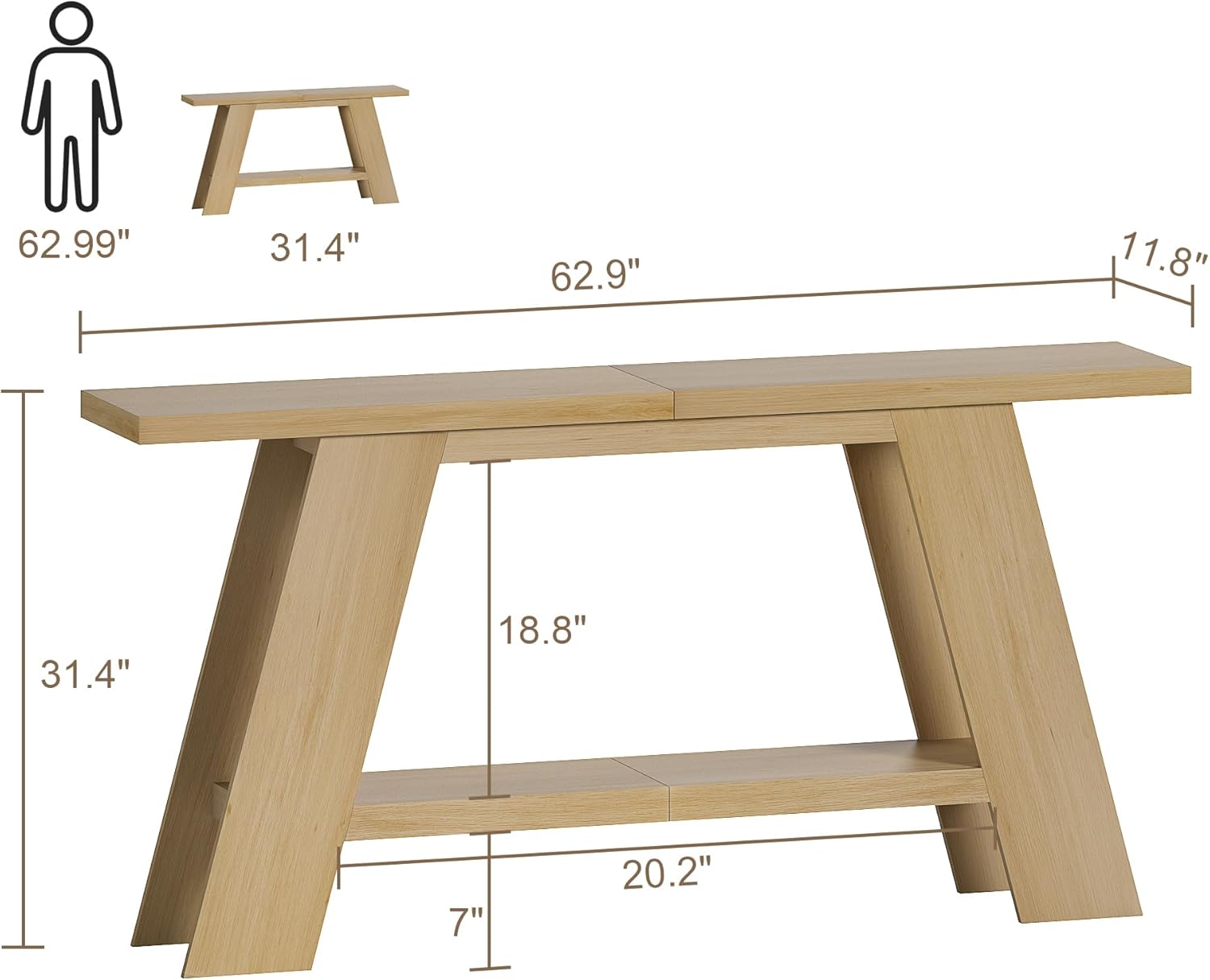 Treocho 63 Inch Long Console Tables for Entryway, 2-Tier Modern Wood Sofa Table with Shelf Behind Couch, Contemporary Narrow Entryway Table for Living Room, Hallway, Entrance, Hallway, Entrance, Oak