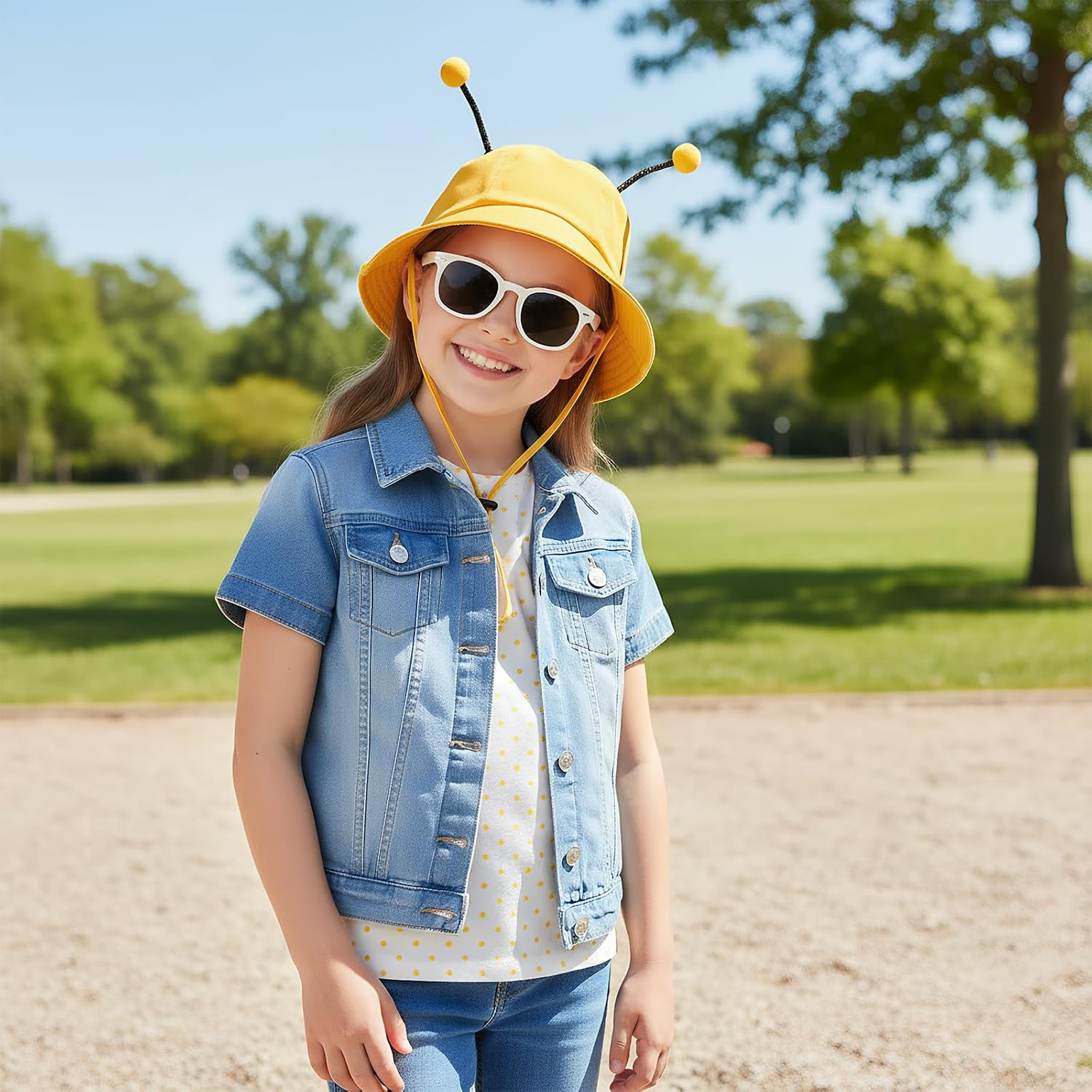 Cute Cartoon Bee Yellow Bucket Hat for Boys Girls 4-9Y, Cotton Summer Outdoors Beach Cap Adjustable Sun Protection Hat