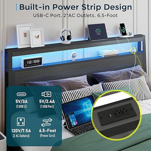 Miniatura 4 de SADENICEL Base de cama de tamaño matrimonial con almacenamiento, plataforma de cama de madera LED con cabecero, 2 cajones, estación de carga, no