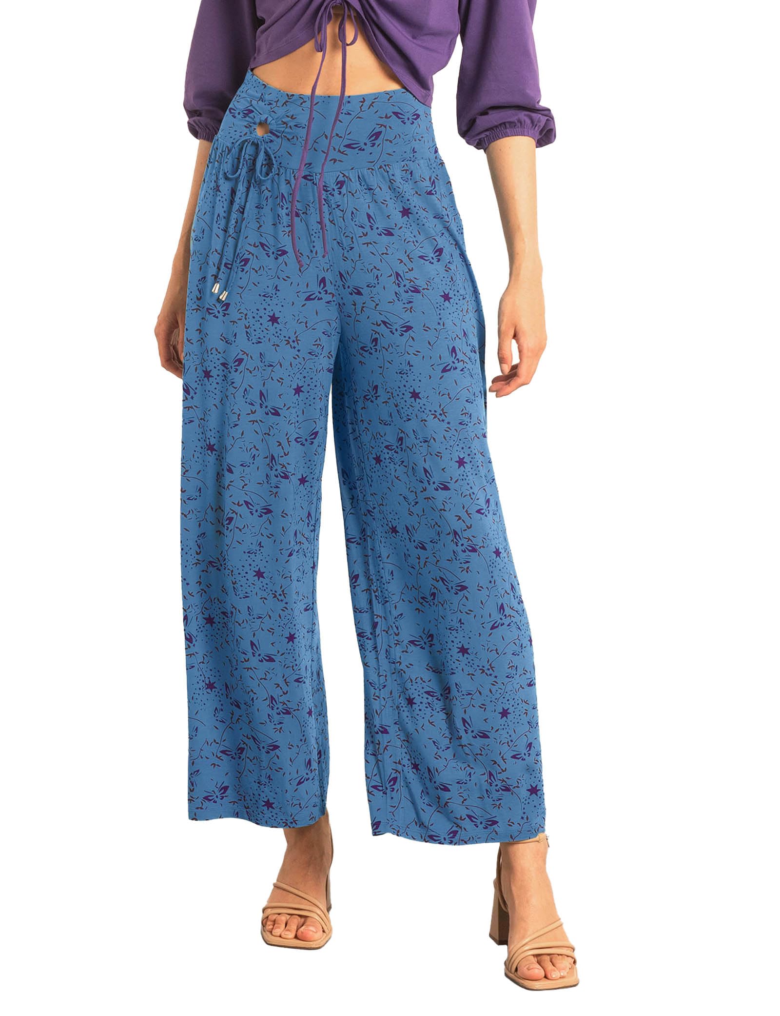 Enorsia Women's Blue Printed Wide Leg Ankle Grazer Trousers In Size 16