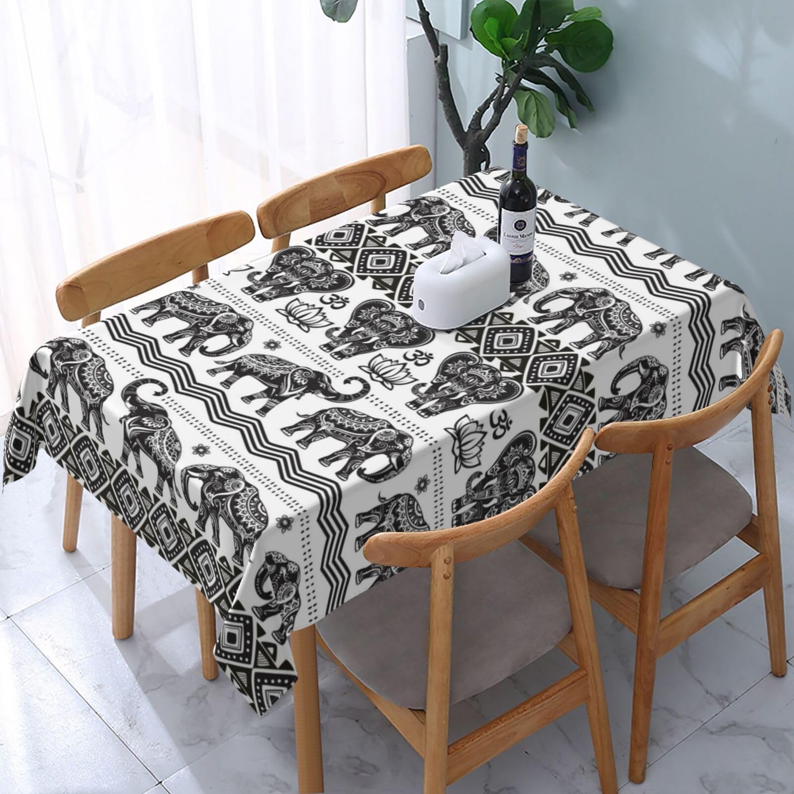 OLLiNsBohemian Elephant Pattern Printed Water Resistant Rectangle Table Cloth Decorate Fabric Farmhouse Table Cover For Dining/Party/Wedding