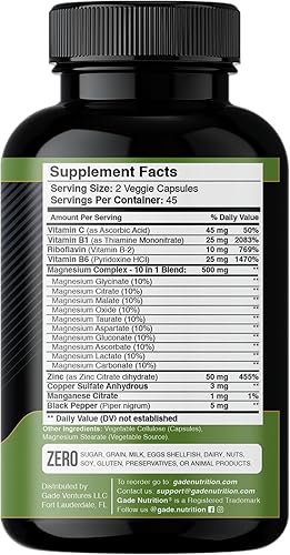 Miniatura 6 de Gade Nutrition Complejo de magnesio 10 en 1 con glicinato de magnesio, citrato, malato, óxido, taurato, aspartato, gluconato ascorbato lactato