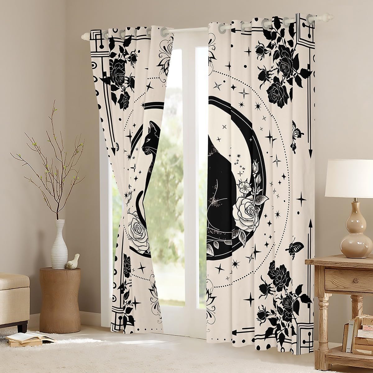 Manfei Cute Cat Blackout Curtain Rose Flower Butterfly Print Window Drapes, Cartoon Animal Theme Window Treatments, Kids Boy Girl Room Decor, Grommet Top 2 Panel Set Bedroom Curtains, 38Wx45L inch