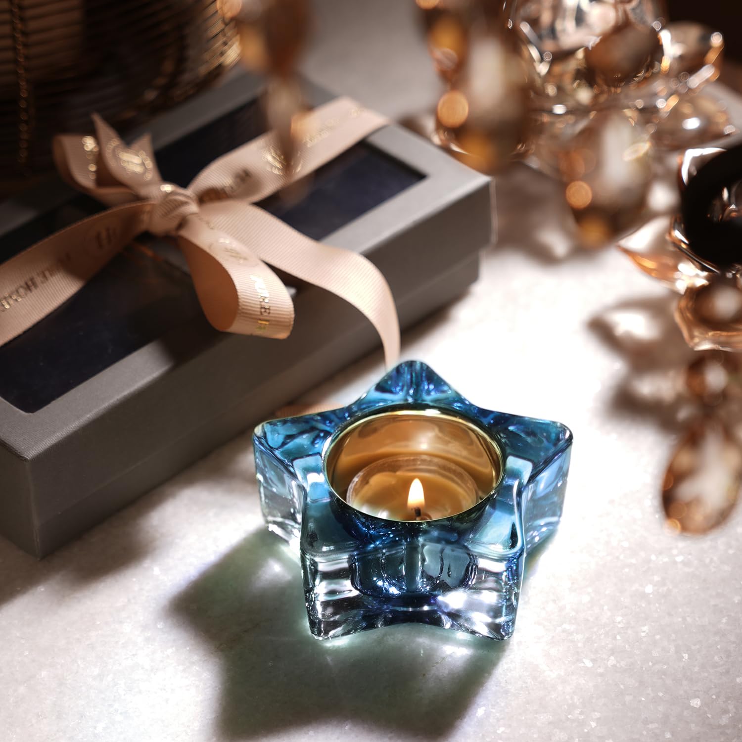 Pure Home + Living Set of 2 Blue Glass Star Shaped Tealight Holders-image-3