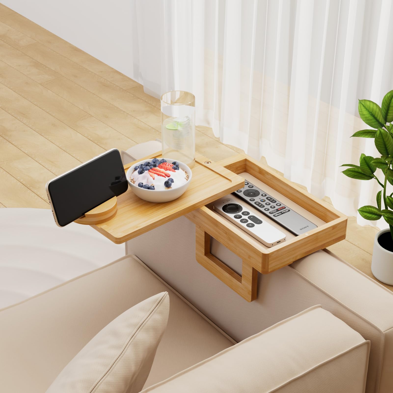 Wealone Mini Couch Arm Table for Narrow Armrest, Bamboo Sofa Arm Tray with Storage Box, Rotating Tabletop & Phone Stand, Adjustable Sofa Arm Table