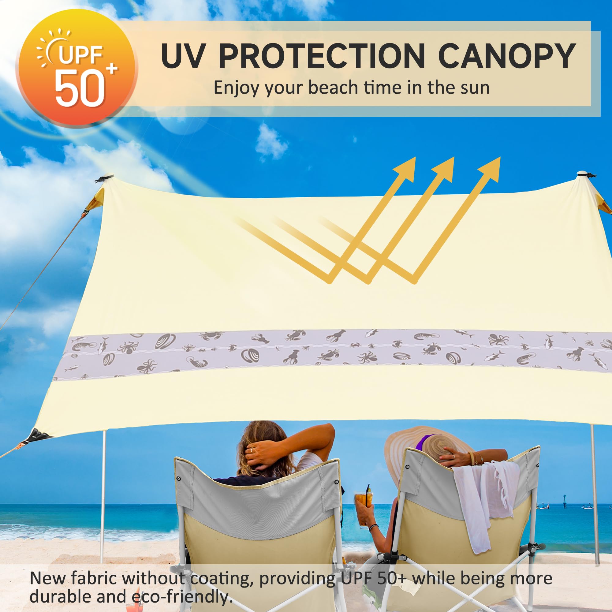 VILLEY Toldo de Playa 2 x 2,4 m, Tienda de Playa con Protección UV UPF50+, Refugio Solar para 3 Personas con Sacos de Arena y 2 Postes, Ideal para Picnic, Pesca y Playa
