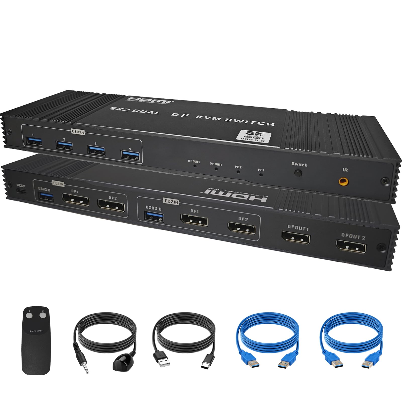 Displayport KVM Switch 2 Monitors 2 Computers, DP1.4 KVM Switch for Sharing 1 Set of Keyboard Mouse with 4 USB3.0 Ports, 8K@60Hz 4K@120Hz HD Dispaly, Support Copy/Extend Mode, Include IR Controller