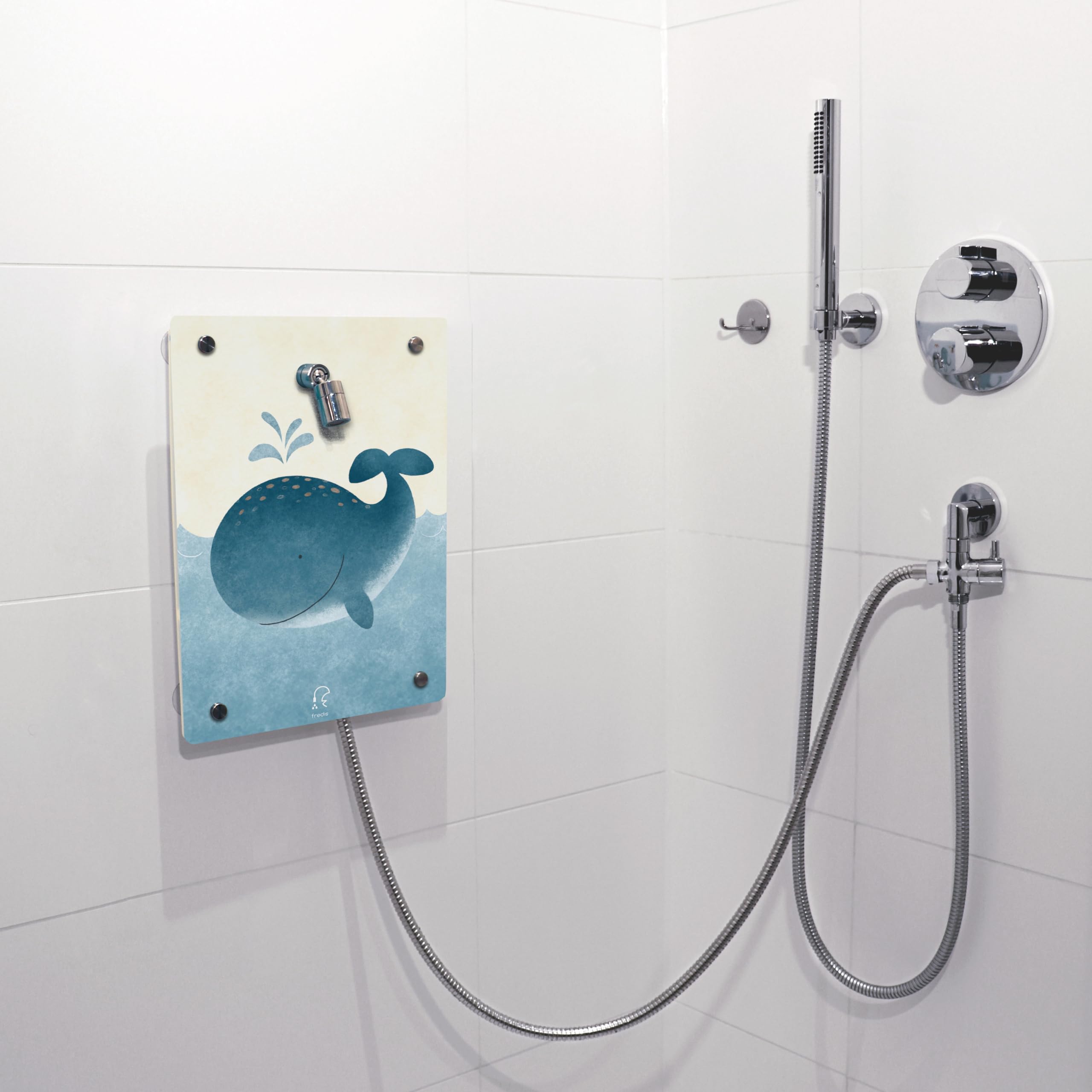 Fredis Kinder Dusche mit Motiv Wal, Flexible Duschwand mit Duschkopf, 2 verschiedene Strahlarten, Montage ohne Bohren