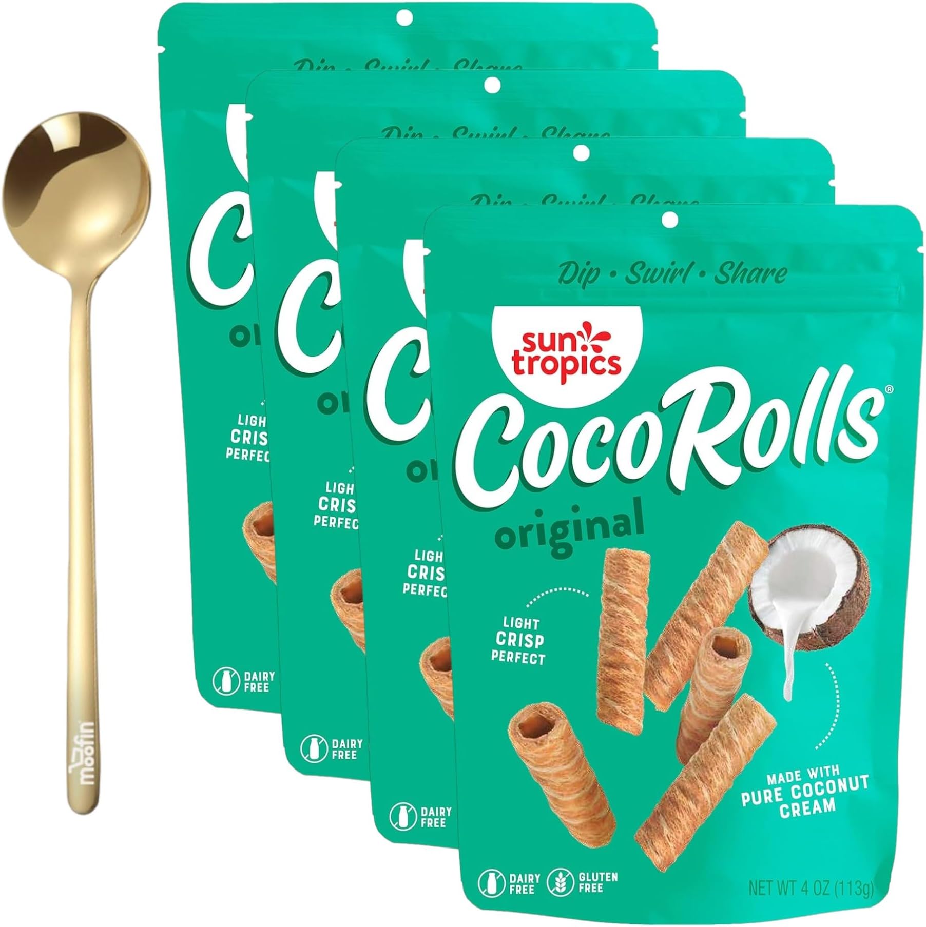 Sun Tropics Cocorolls, Original Coconut Rolls Snacks, 4 Ounce, Bundle With Moofin Golden Ss Spoon - Crispy, Sweet Tropical Flavor, Gluten-Free, Portable Snacking [Pack Of 4]