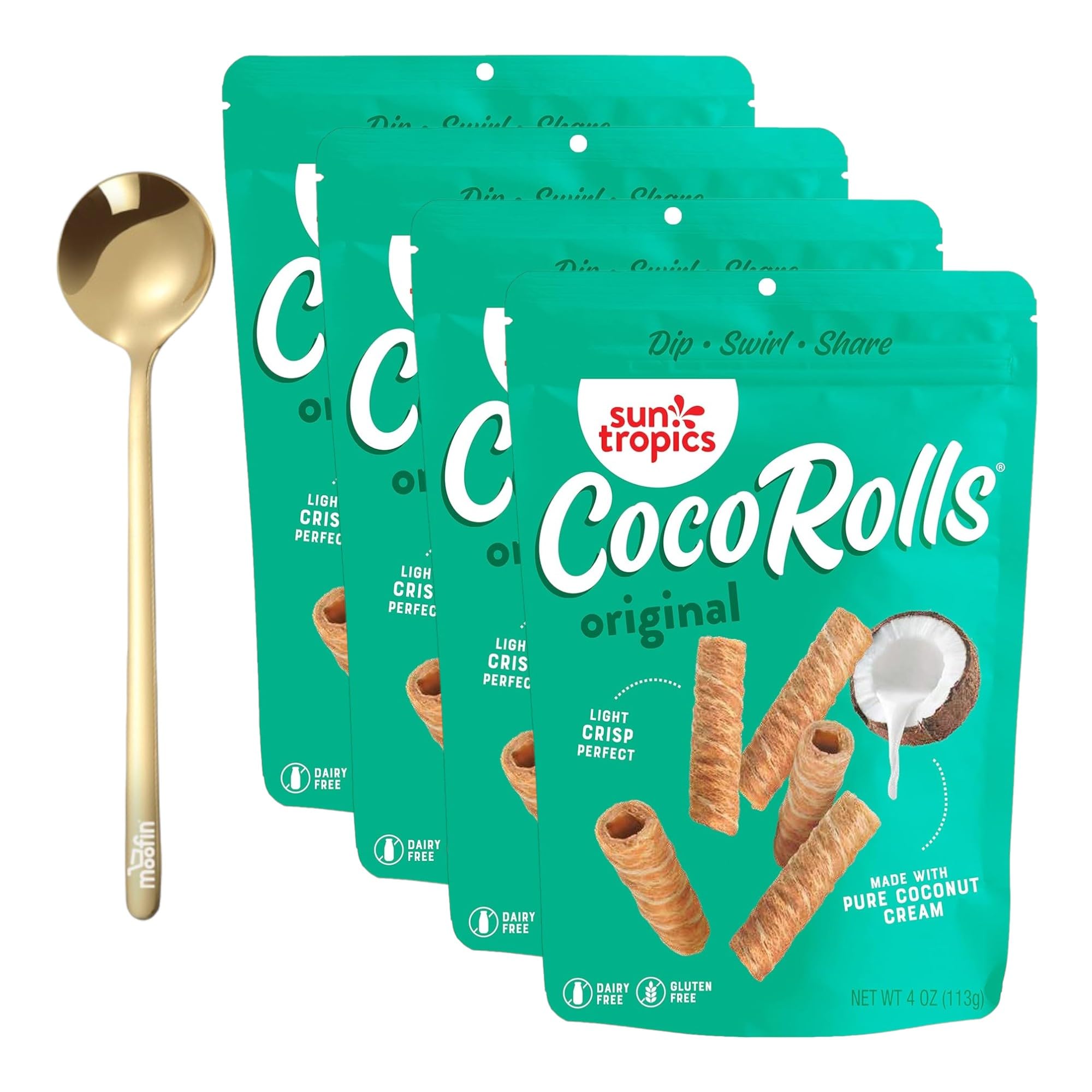 Sun Tropics Cocorolls, Original Coconut Rolls Snacks, 4 Ounce, Bundle With Moofin Golden Ss Spoon - Crispy, Sweet Tropical Flavor, Gluten-Free, Portable Snacking [Pack Of 4]