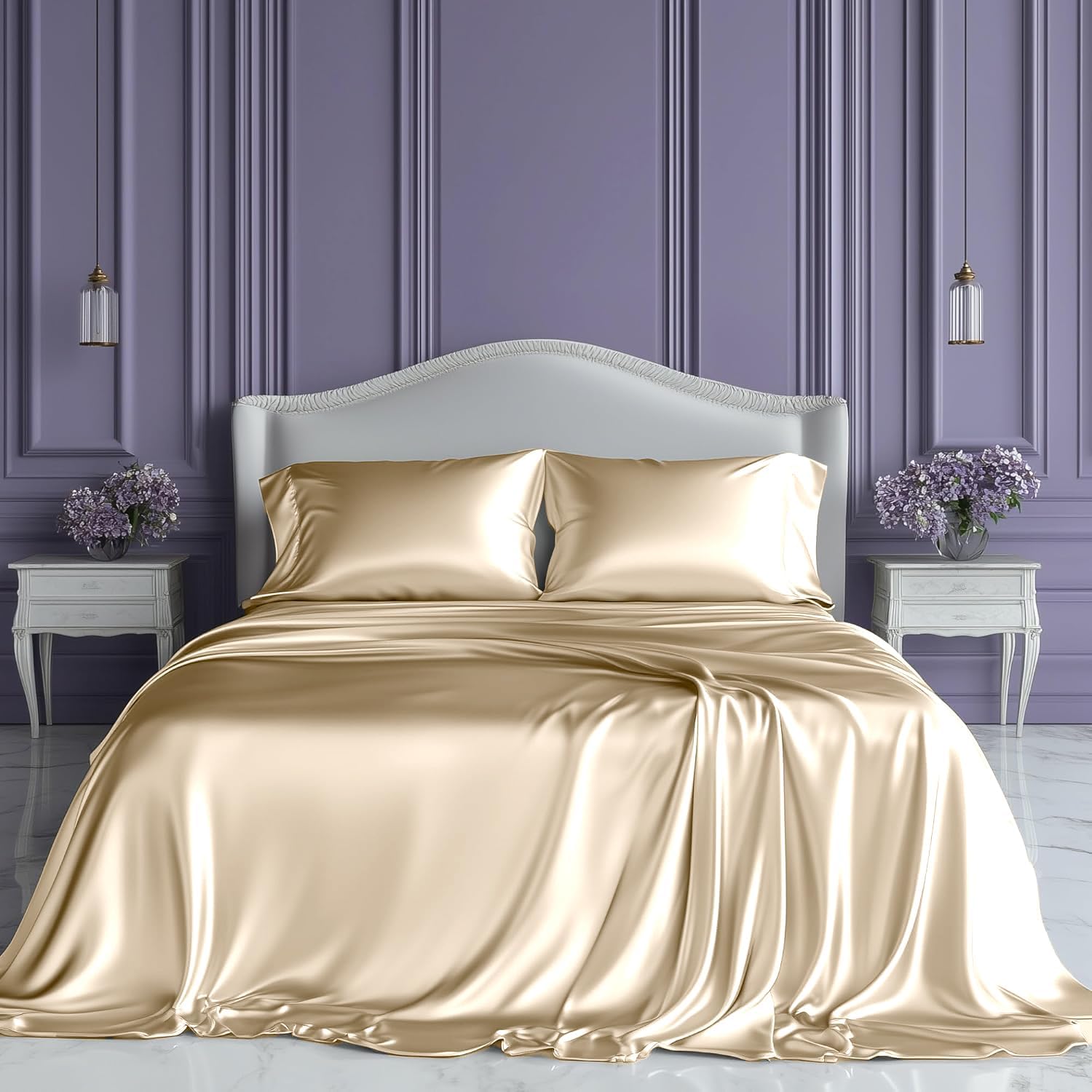 SLEEP SANCTUARY Satin Sheets Queen Size  4 Piece Luxury Silky Bed Set, Softer Than Silk, 15" Deep Pocket, Cooling & Wrinkle-Free, Moisture-Wicking & Breathable for Hair & Skin (Ivory)