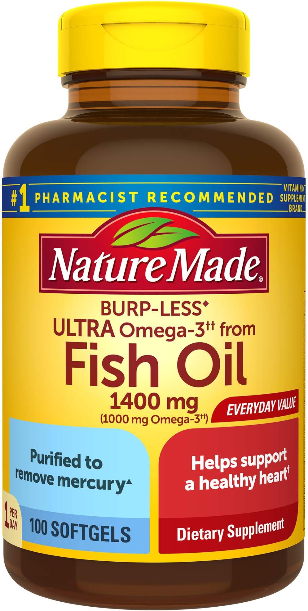 Nature Made Burp-Less Ultra Omega-3 Fish Oil, 100 Softgels