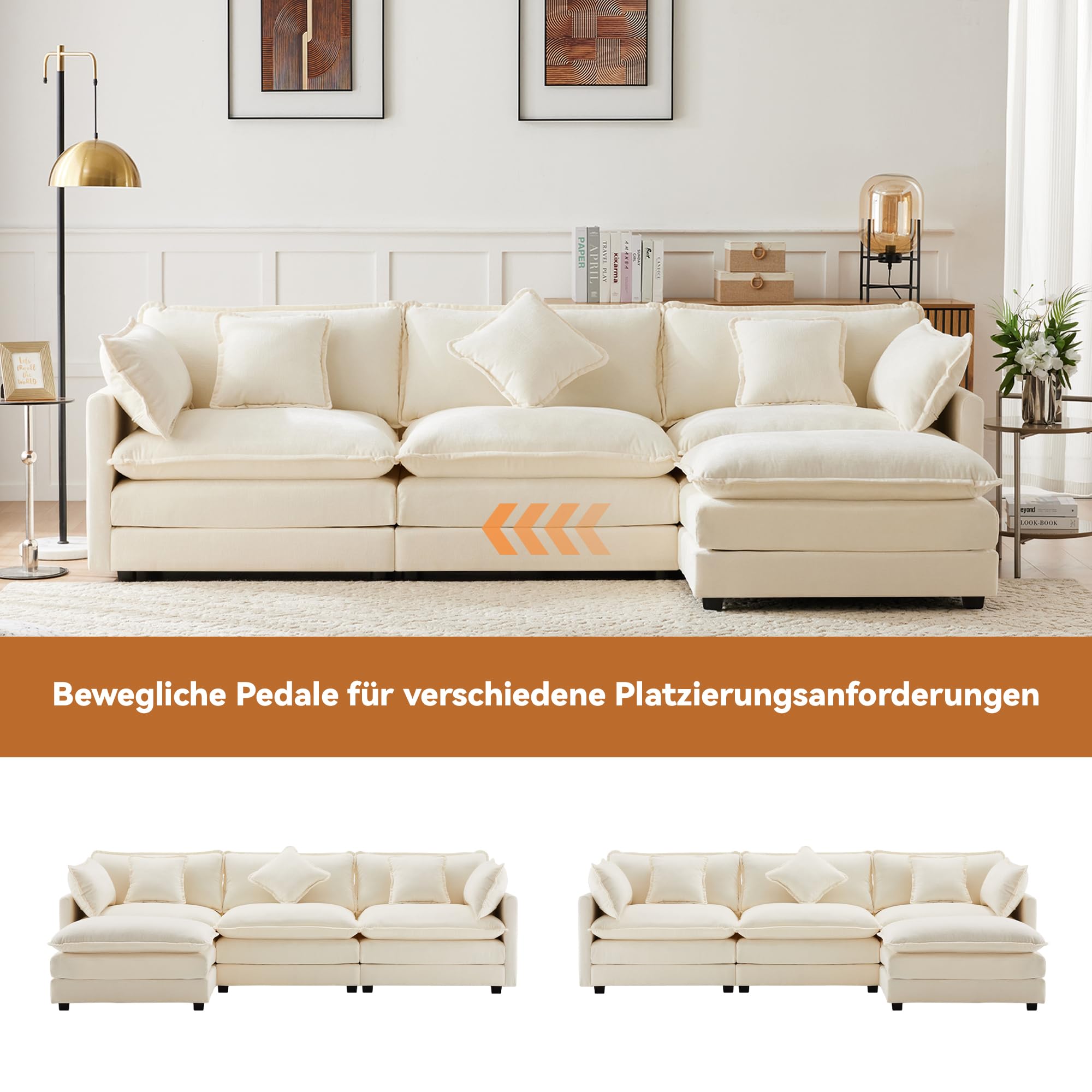 Zepneiy Divano a tre posti dal design moderno, tessuto ciniglia, divano ad angolo a L con poggiapiedi adatto per soggiorno e camera da letto, beige