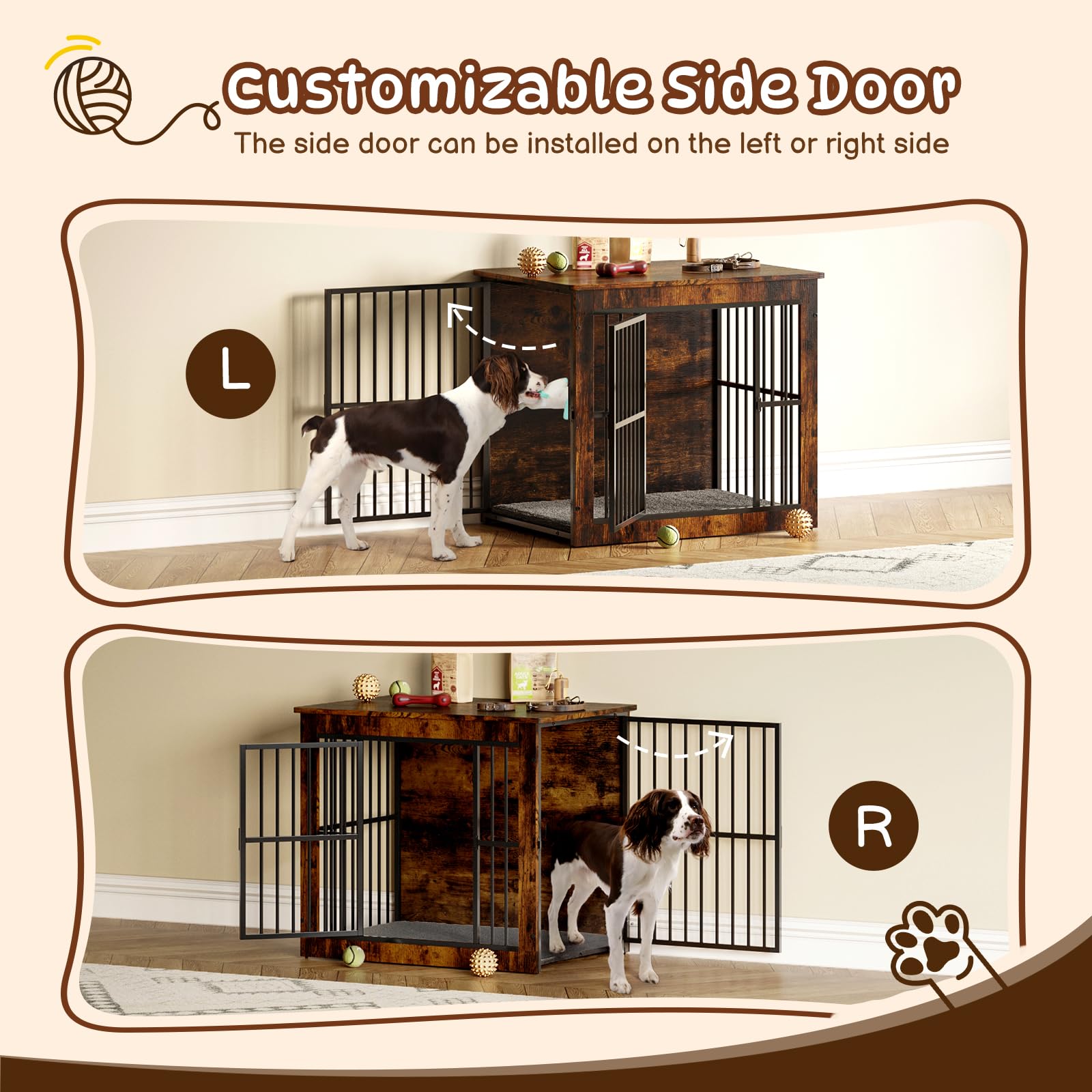 Hello-5ive Grande gabbia per cani mobile, gabbia per cani in legno con doppie porte, resistente cuccia per cani da interno con tappetino in peluche per cani di piccola e media, tavolino, 80,5 x 59 x