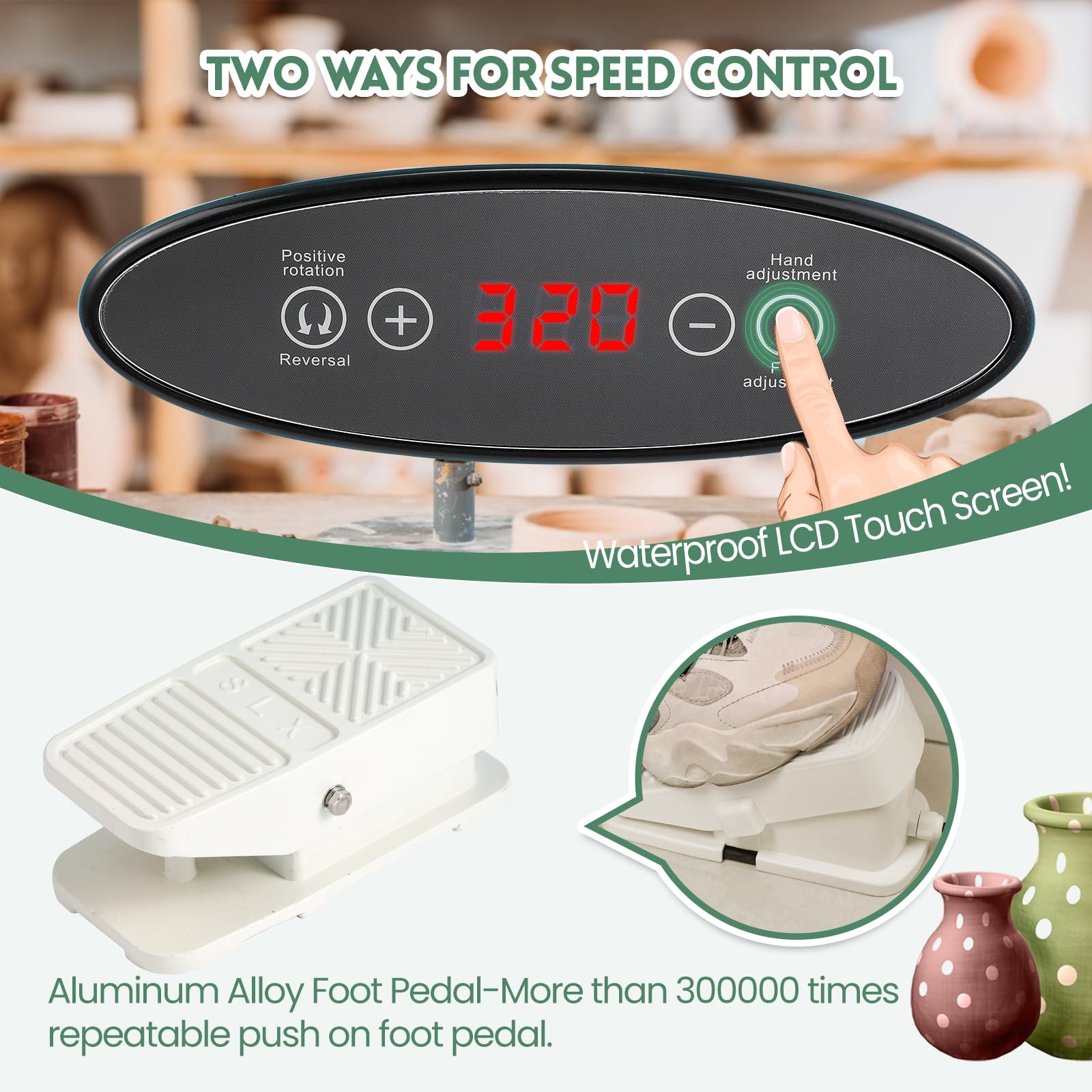 Huanyu 30cm Töpferscheibe mit verstellbaren Beinen und Fußpedal 350W Elektrische Keramikmaschine mit abnehmbarem Becken 0-320RPM Töpferformmaschine mit Töpferwerkzeugsatz