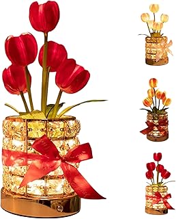 Tulip Bloom Light, lámpara de flores artificiales regulables de 3 colores, lámpara LED inalámbrica recargable con jarrón de cristal para decoración de dormitorio (rojo)