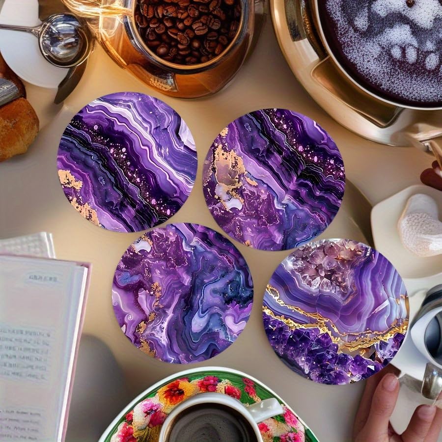 Image of 6pcs Coaster Set, Purple Pattern, Size 3.94 * 3.94- Heat Resistant, Suitable Holiday Parties, Coffee Shops, Bookstores, Kitchen Decoration, and Daily Home Decor