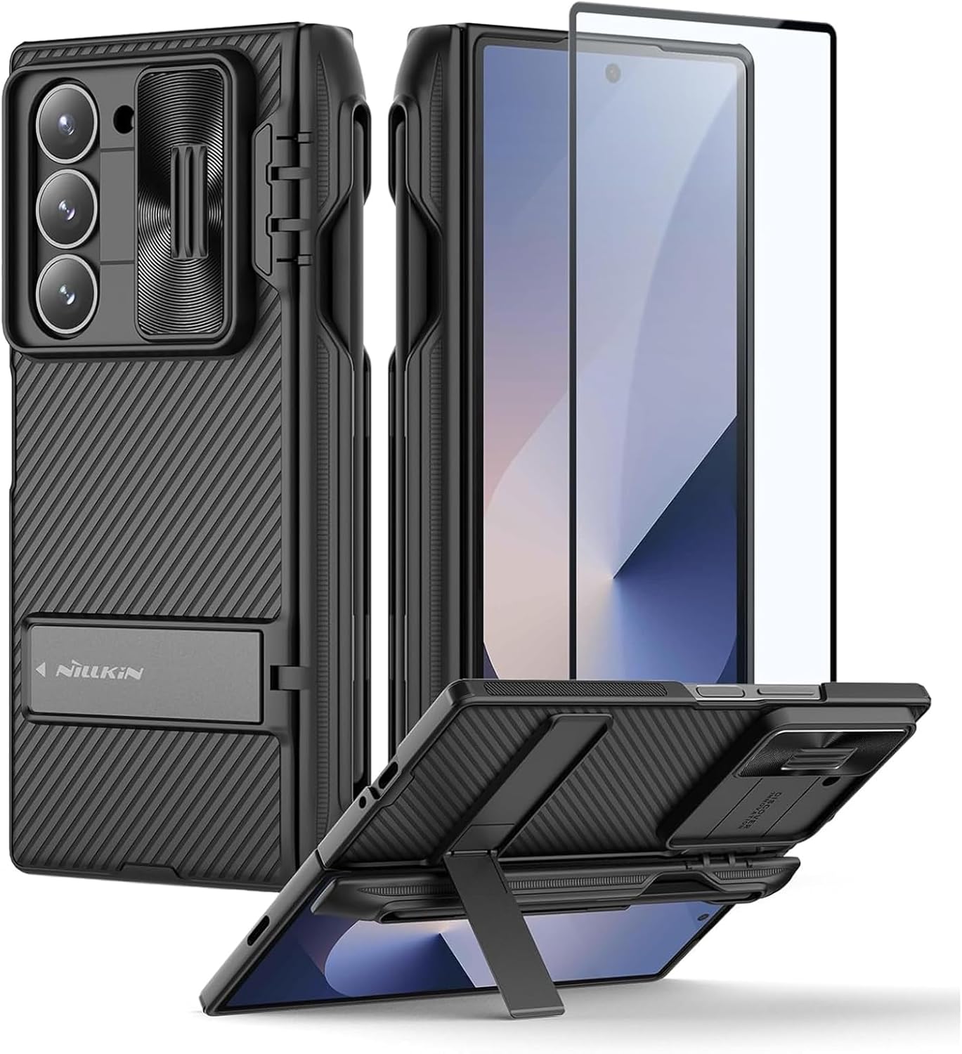 Nillkin for Galaxy Z Fold 6 Case with S Pen Holder, Built-in Screen Protecter & Slide Lens Cover & Metal Kickstand & Hinge Protection Full Shockproof Thin Slim Phone Cover for Samsung Fold 6, Black