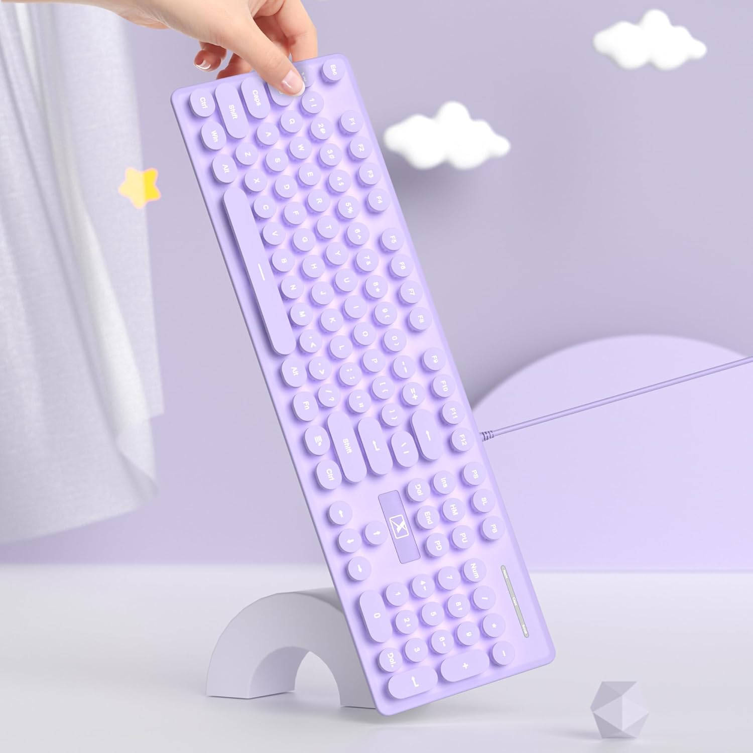 Wired Retro Computer Keyboard, Quiet Typewriter Keyboard, Purple Cute Keyboards Light up with Round Keycaps, LED Backlit,104-key for PC, Laptop(Purple)
