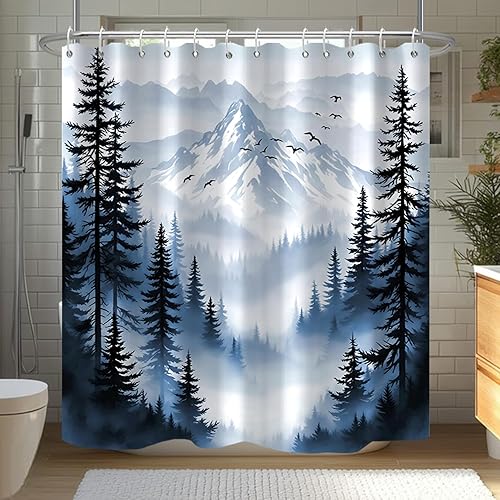 Cortina de ducha de pino de bosque azul, cortina de ducha de paisaje brumoso, tela impermeable para decoración de baño, 72 x 72 pulgadas