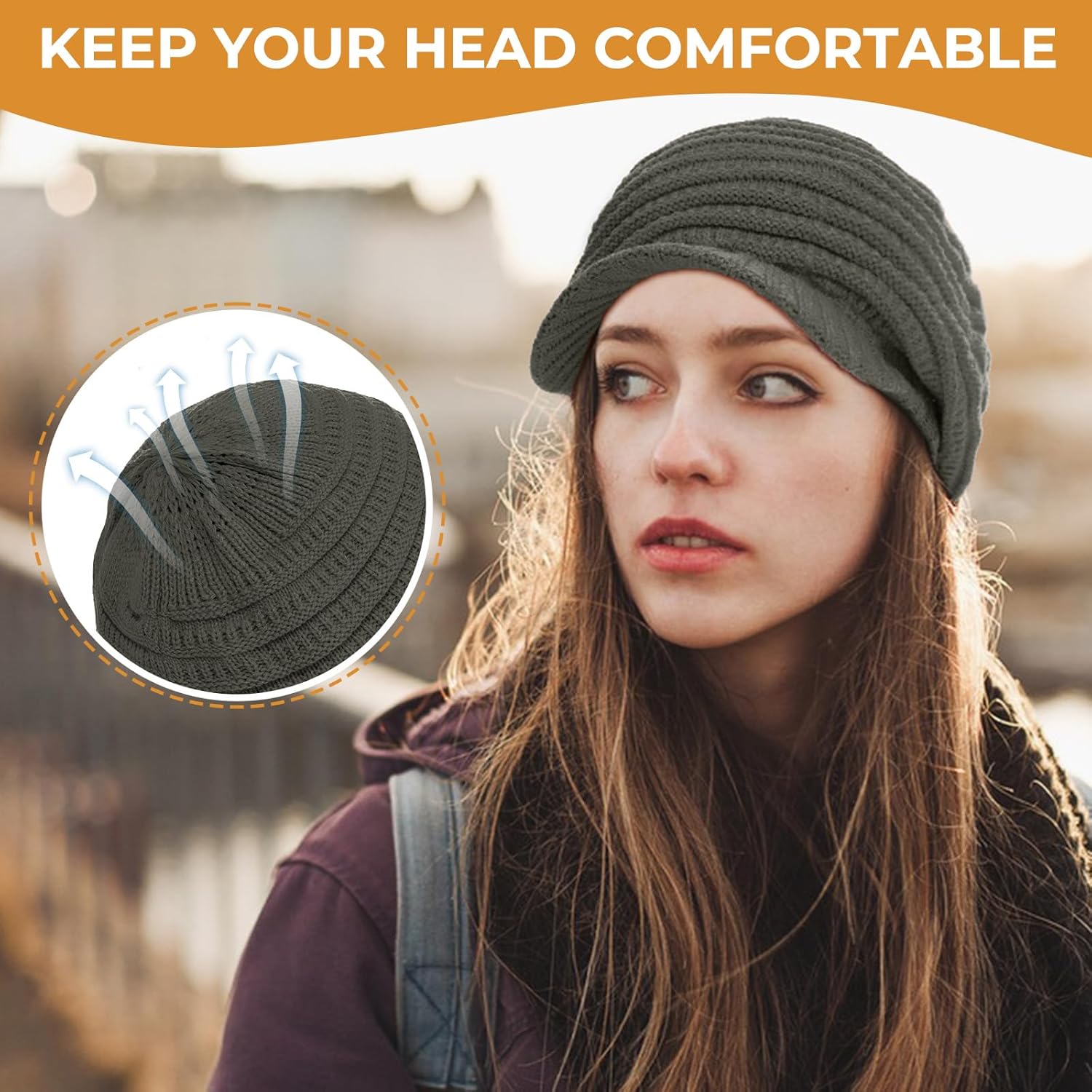 Womens Satin Lined Beanie Slouchy Winter Knit Hat Newsboy Hat with Brim Silk Lined Beanie - Image 4