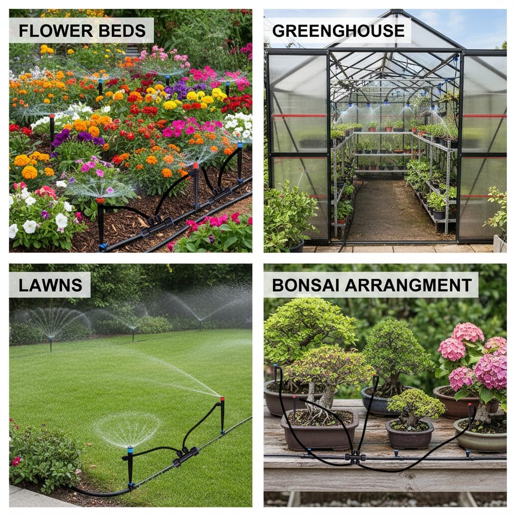Système d'irrigation de jardin de 70 m avec 40 buses et émetteurs, système d'arrosage automatique avec 1/2" (9 mm ID, 12 mm OD) et 1/4" et raccords barbelés, pour plates-bandes surélevées