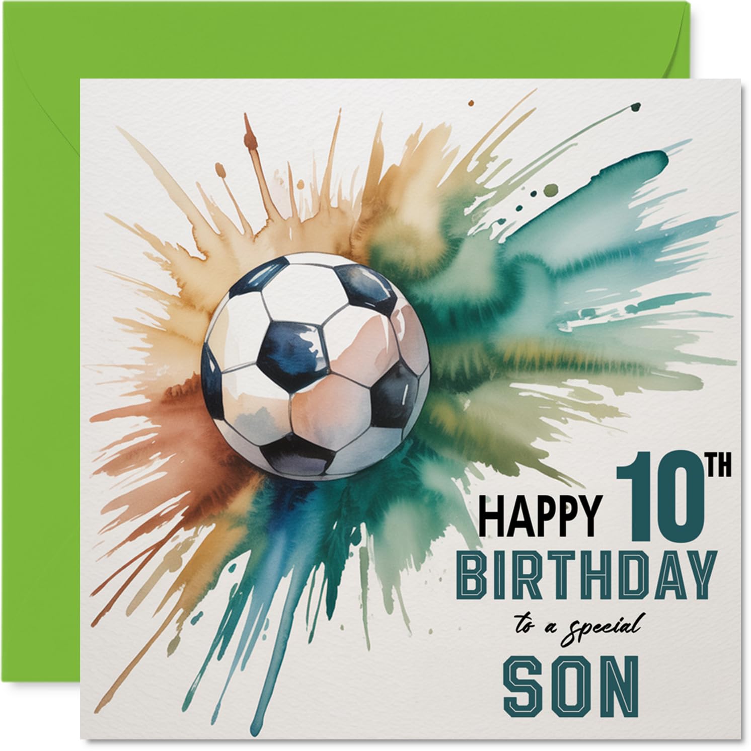 10th Birthday Cards for Son - Watercolour Football Splash - Happy Birthday Card for 10 Year Old Son from Dad Mum, 145mm Bday Greeting Cards