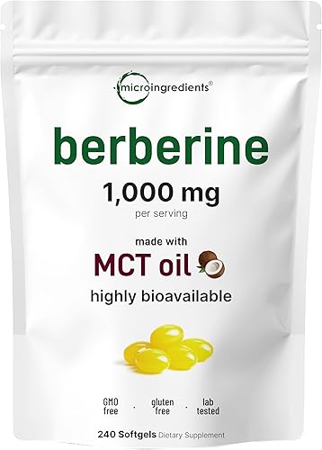 Micro Ingredients Berberina 1000mg con aceite MCT, 240 cápsulas blandas Fórmula altamente biodisponible con berberina HCI de Berberis Aristata Sin