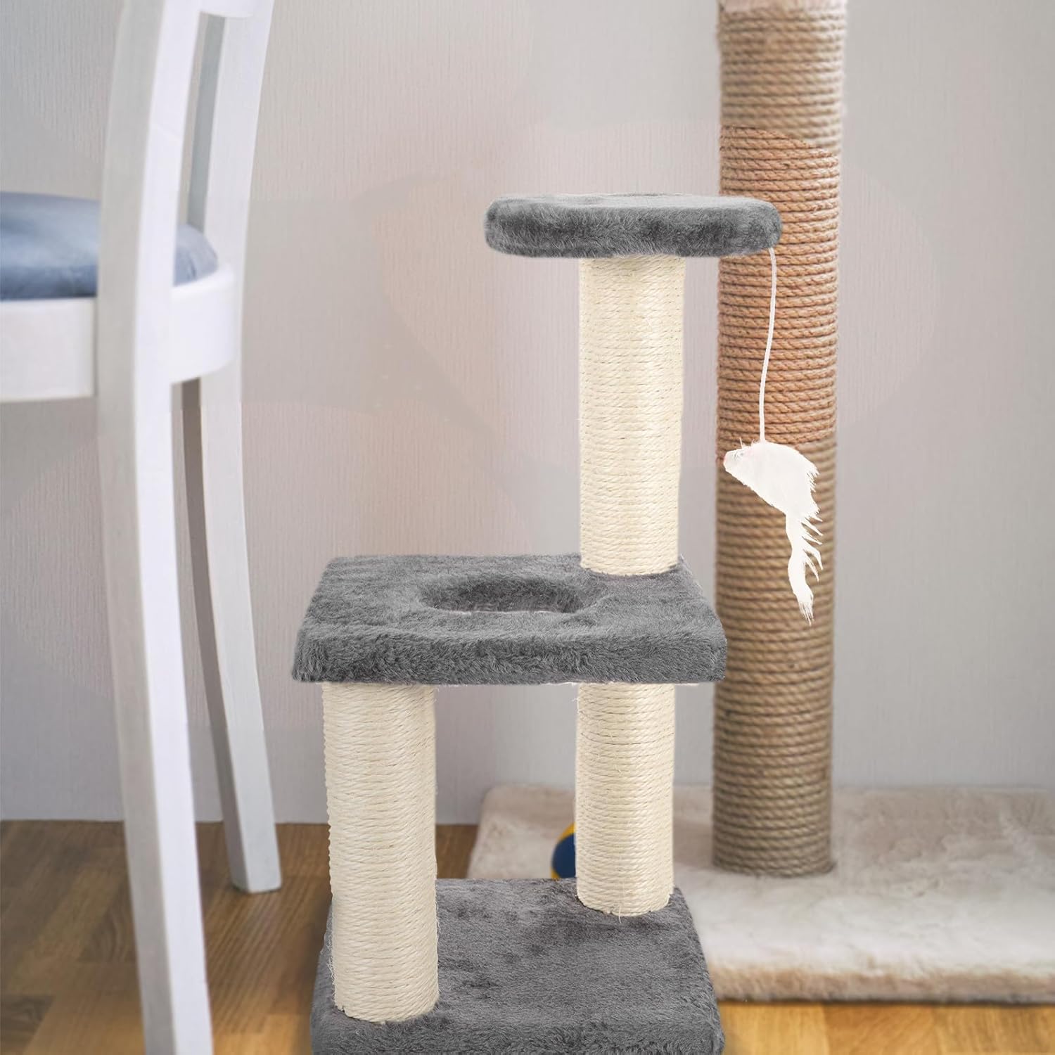Multi-Layer Cat Scratching Post with Sisal Rope Gray Sturdy Kitten Scratch Tower Household Indoor Cat Tree for Climbing and Playing