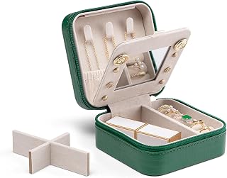 VLANDO Small Travel Jewelry Box Organizer - Mirrored Jewelries Necklaces Rings Earrings Necklace Storage Case, Dark Green
