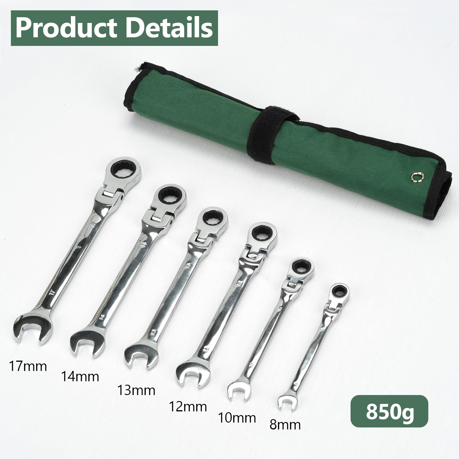 6PCS Flexible Head Ratchet Spanner Set, Metric 8-17mm Combination Wrenches with 180° Flex Head & 72-Tooth Ratchet - Image 2
