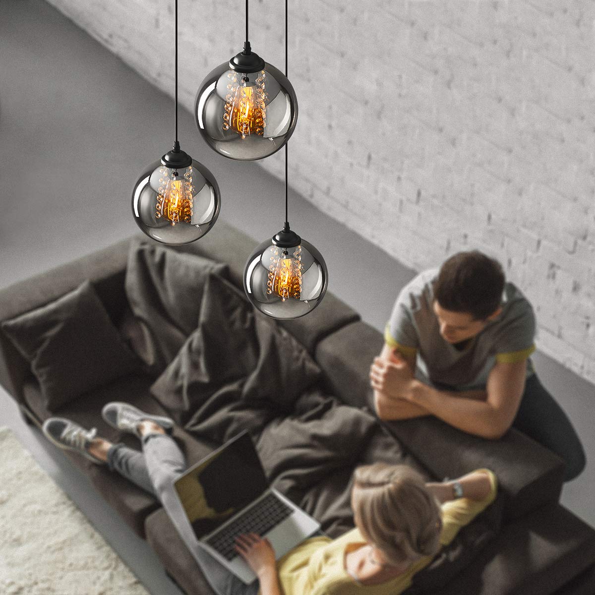 H.W.S LáMpara Colgante De Cristal DiseñO Bola Moderna Creativa DecoracióN Interior Ajustable En Altura Luminaria Sala Estar (Smoky gray, 3 flamming round)