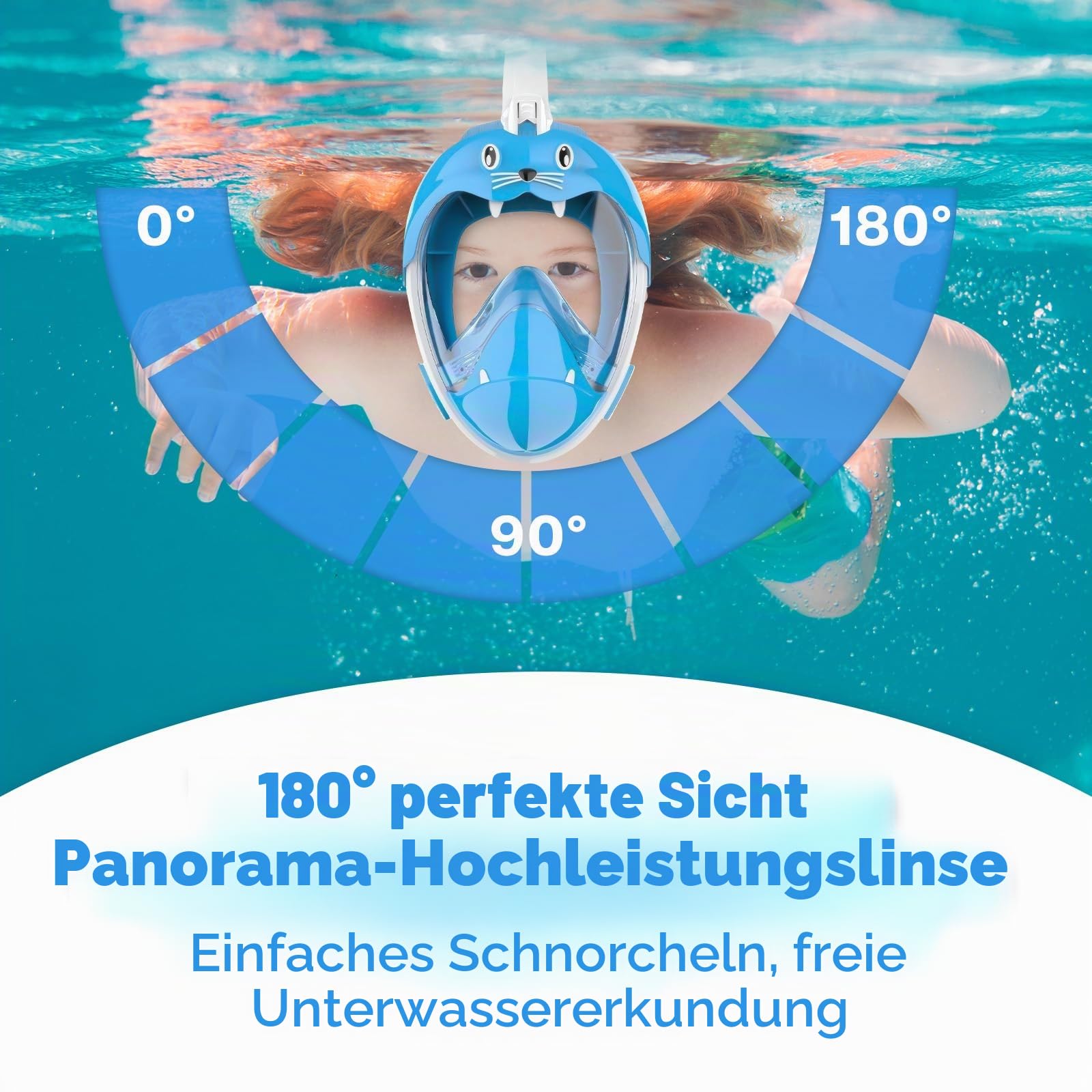 Schnorchelmaske Kinder, Tauchmaske Vollgesichtsmaske mit Schnorchel, CO2 Sichere Tauchmaske, 180° Panoramablick, Mit Ohrstöpseln & Aufbewahrungsbeutel, für Kinder von 4-12 Jahren (XS, Blau)