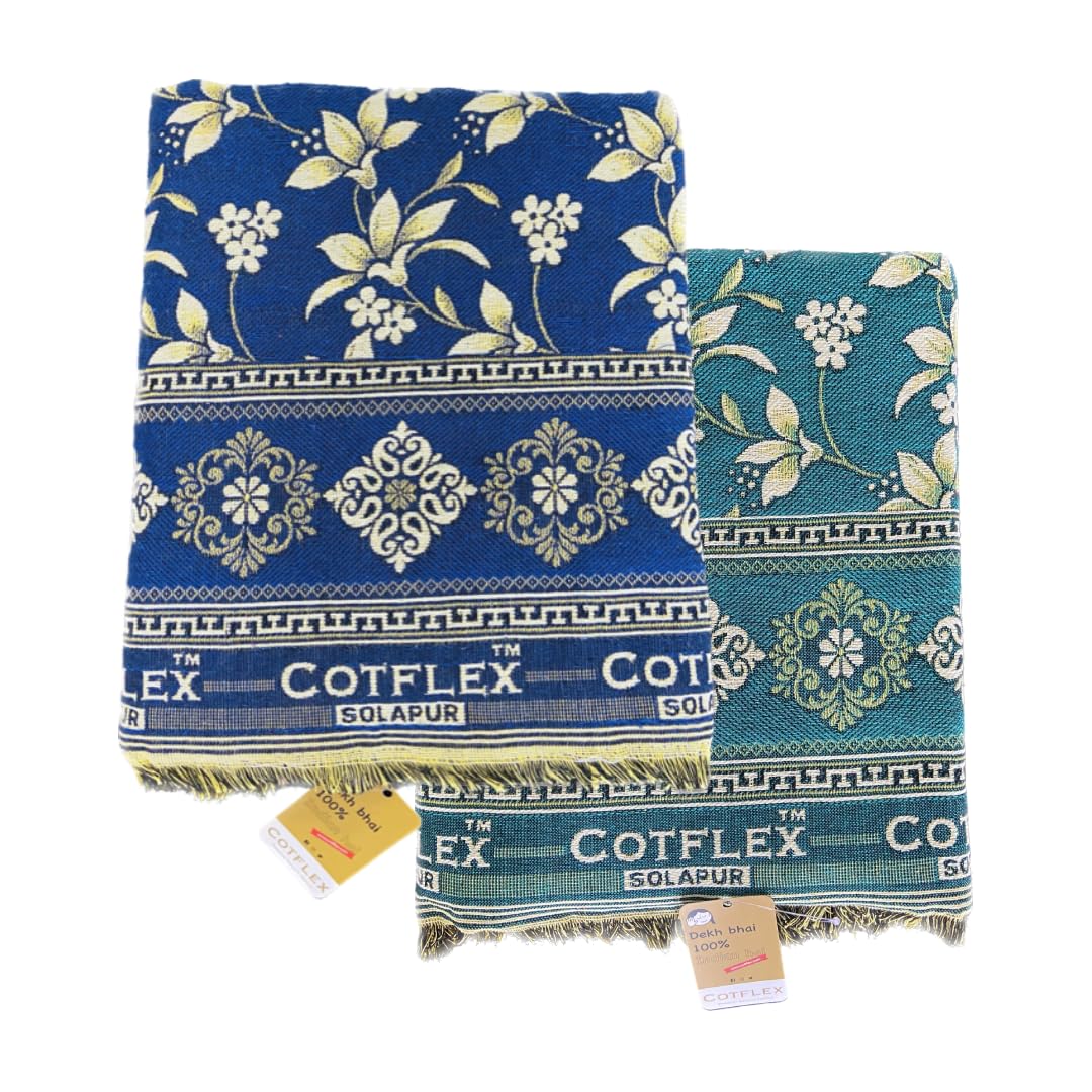 COTFLEX Original Solapur Chaddar Queen Bed Cotton Blanket, Pack of 2 (Blue and Mor Pankhi, Green)