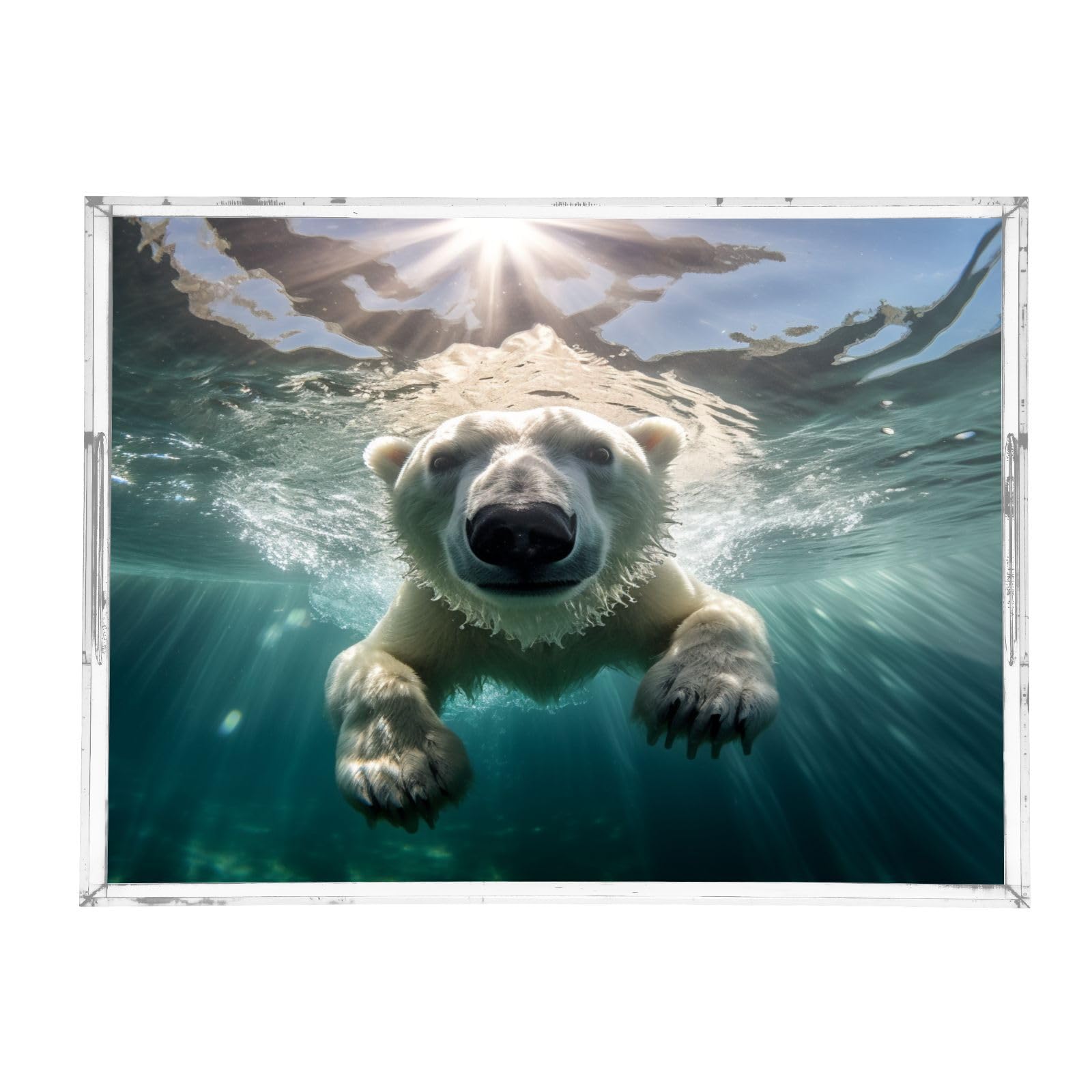 IOACIY Clear Serving Tray 12x16 Inches Acrylic Decorative Tray Organiser for Ottoman Coffee Table Countertop with Handles, Bear Underwater