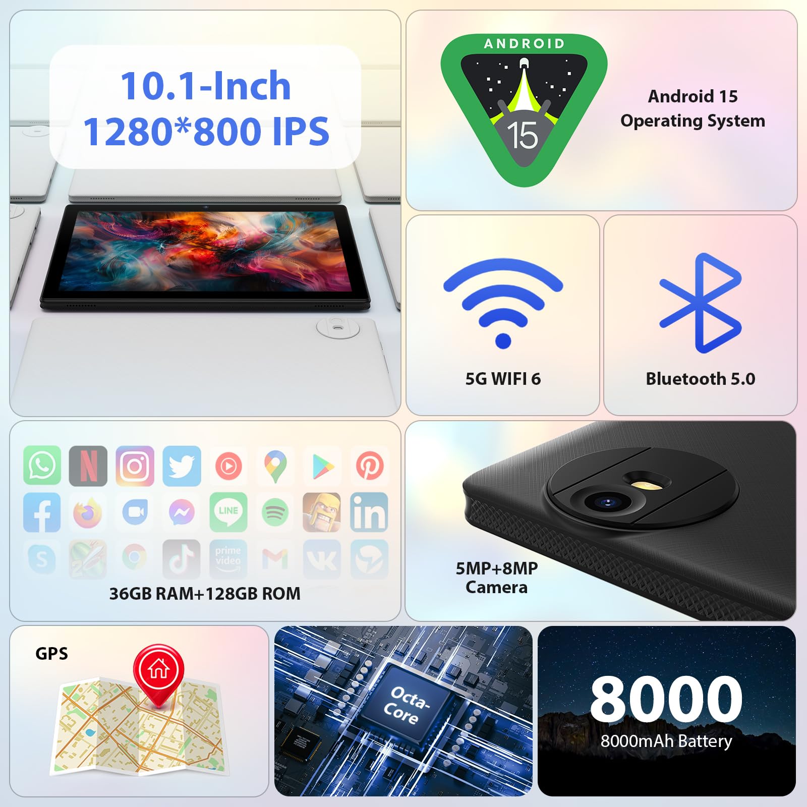 WISDTECHO Tablet Android 15 con 36GB RAM + 128GB ROM (1TB TF), Tablet 10 pollici, 5G WiFi | Octa-Core | 8000mAh | 1280 x 800 | Widevine L1 | WPS | GPS, Tablets con Tastiera, Nero