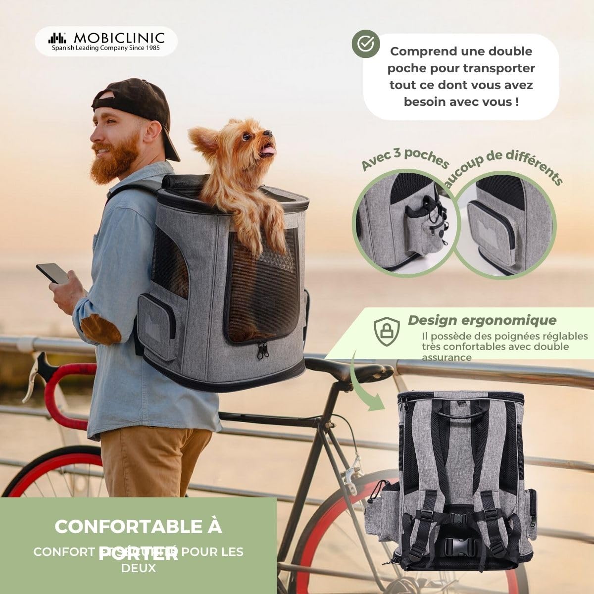 Mobiclinic® Pets, Sac à Dos pour Animaux, Thor, Pliable, Fenêtre en Filet, Poches Accessoires, Multi-accès, Double poignée, Réglable, 30x25x40 cm, Transport Chiens et Chats