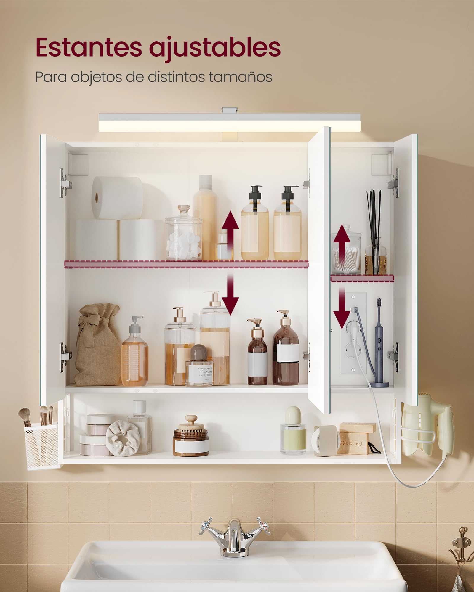 VASAGLE Armario de Baño con Espejo 3 Puertas, Mueble de Pared con Espejo, Enchufe, Cesta Colgante, Soporte para Secador de Pelo, para Baño, Lavabo, Blanco Mate BBK146WB01