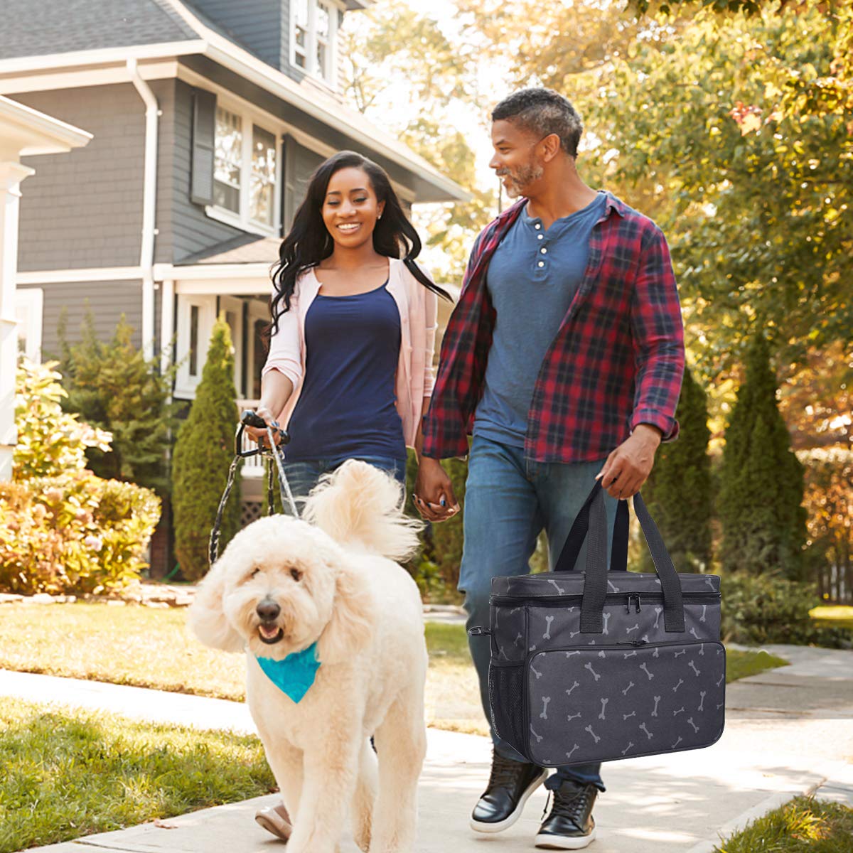 Zwini Borsa da viaggio per cani lavabile Borsa termica con scomparti, alimentatore pieghevole e bevitore (nero)