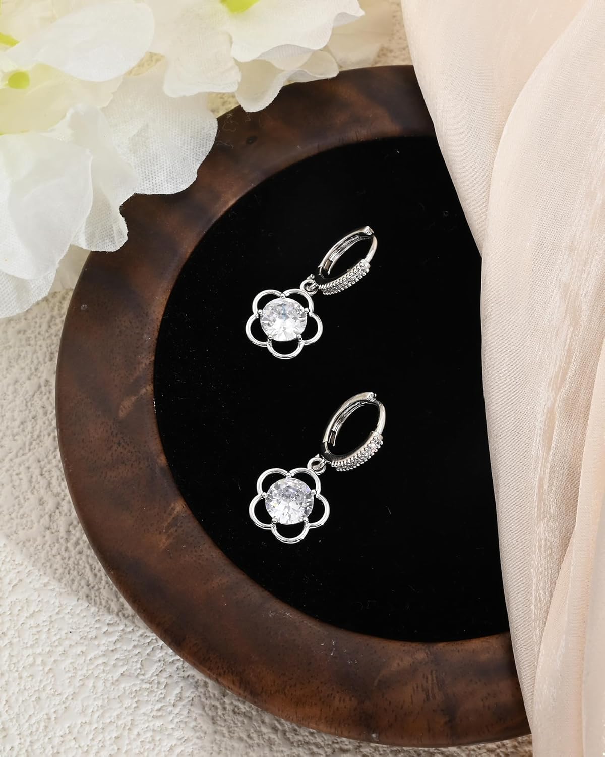 Trendy Flower Huggie Small Hoop Earrings with Hypoallergenic Cubic Zirconia Birthstones, Silver Drop Dangle Earrings for Women - Image 7