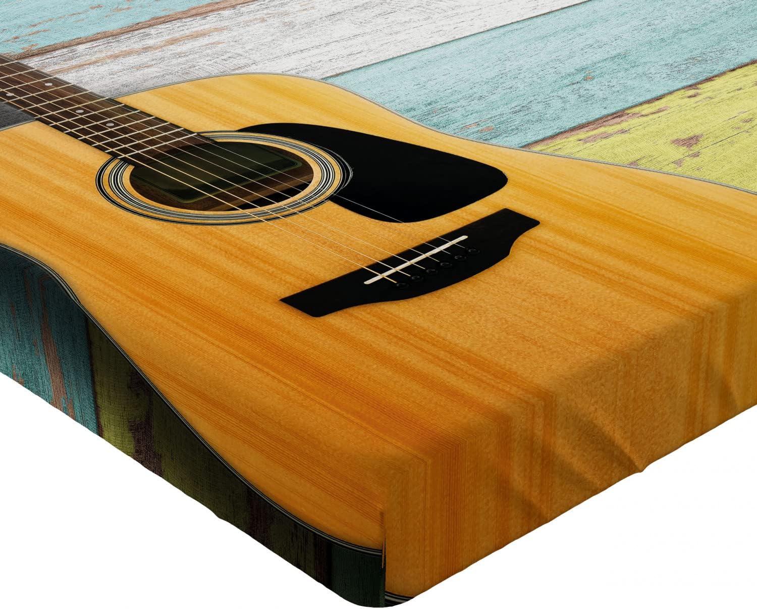 Ambesonne Music Fitted Sheet, Acoustic Guitar on Colorful Painted Aged Wooden Planks Rustic Country Design Print, Bed Cover with All-Round Elastic Deep Pocket for Comfort, Queen Size, Multicolor